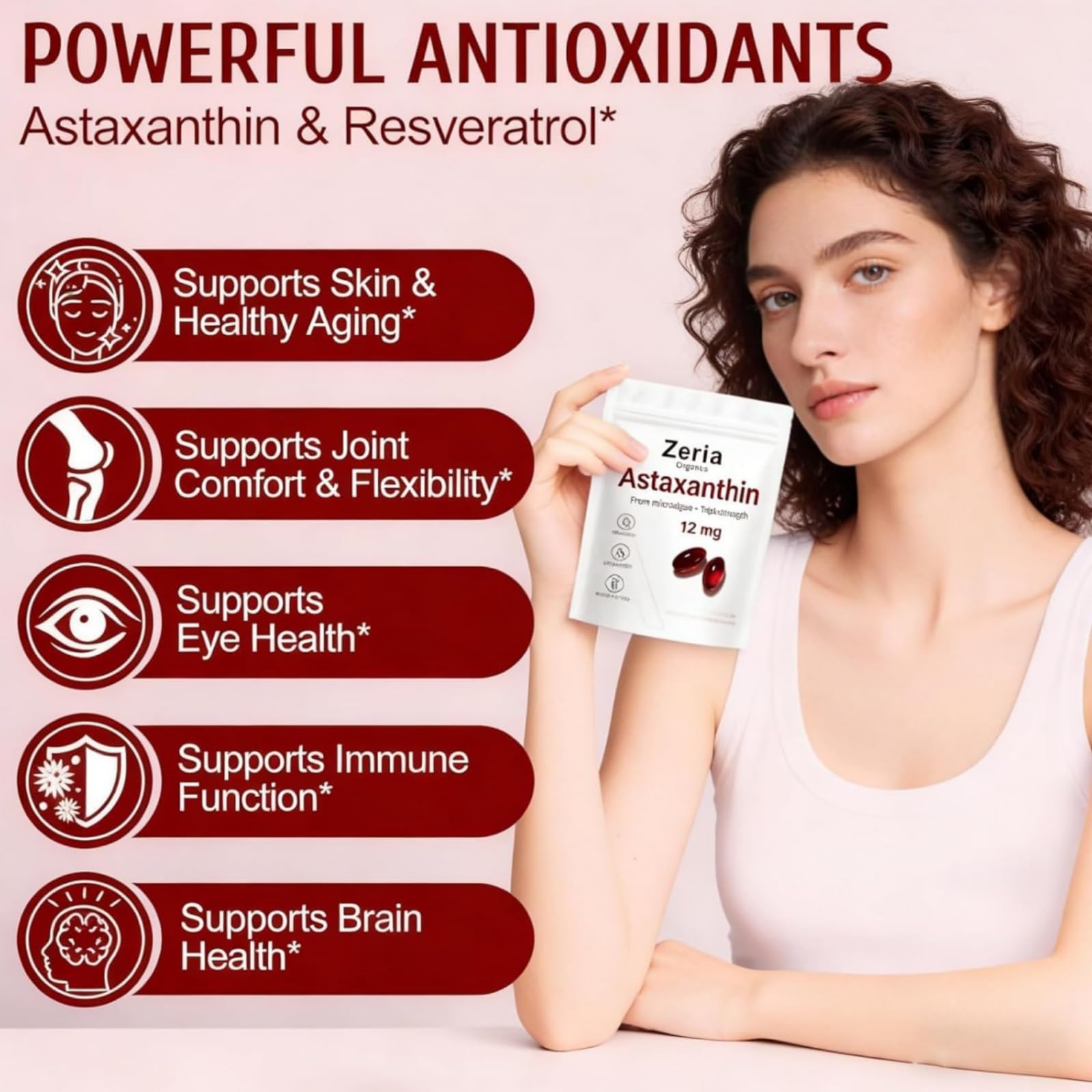 Zeria Organics Astaxanthin 12mg softgels bottle with label