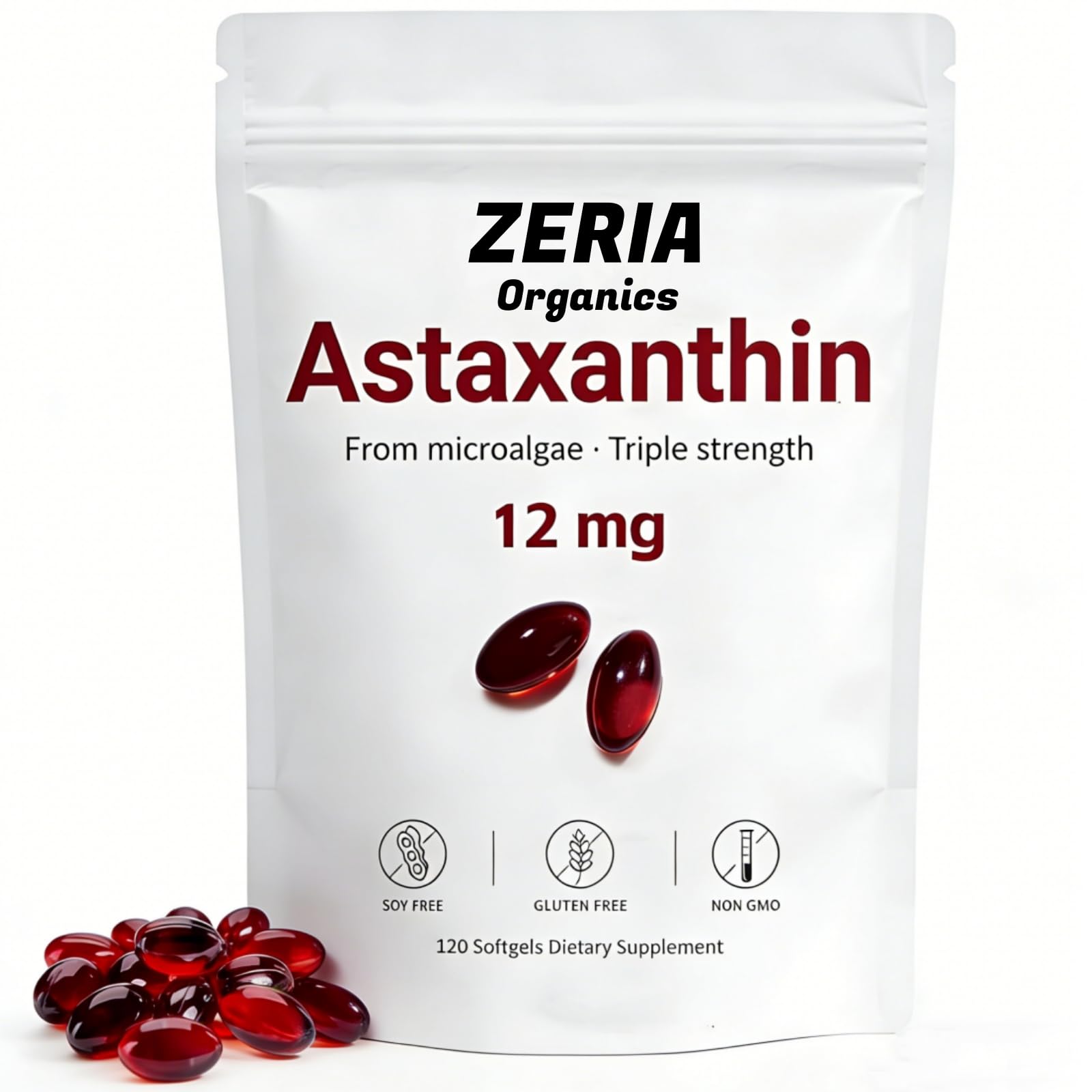 Zeria Organics Astaxanthin 12mg softgels front view