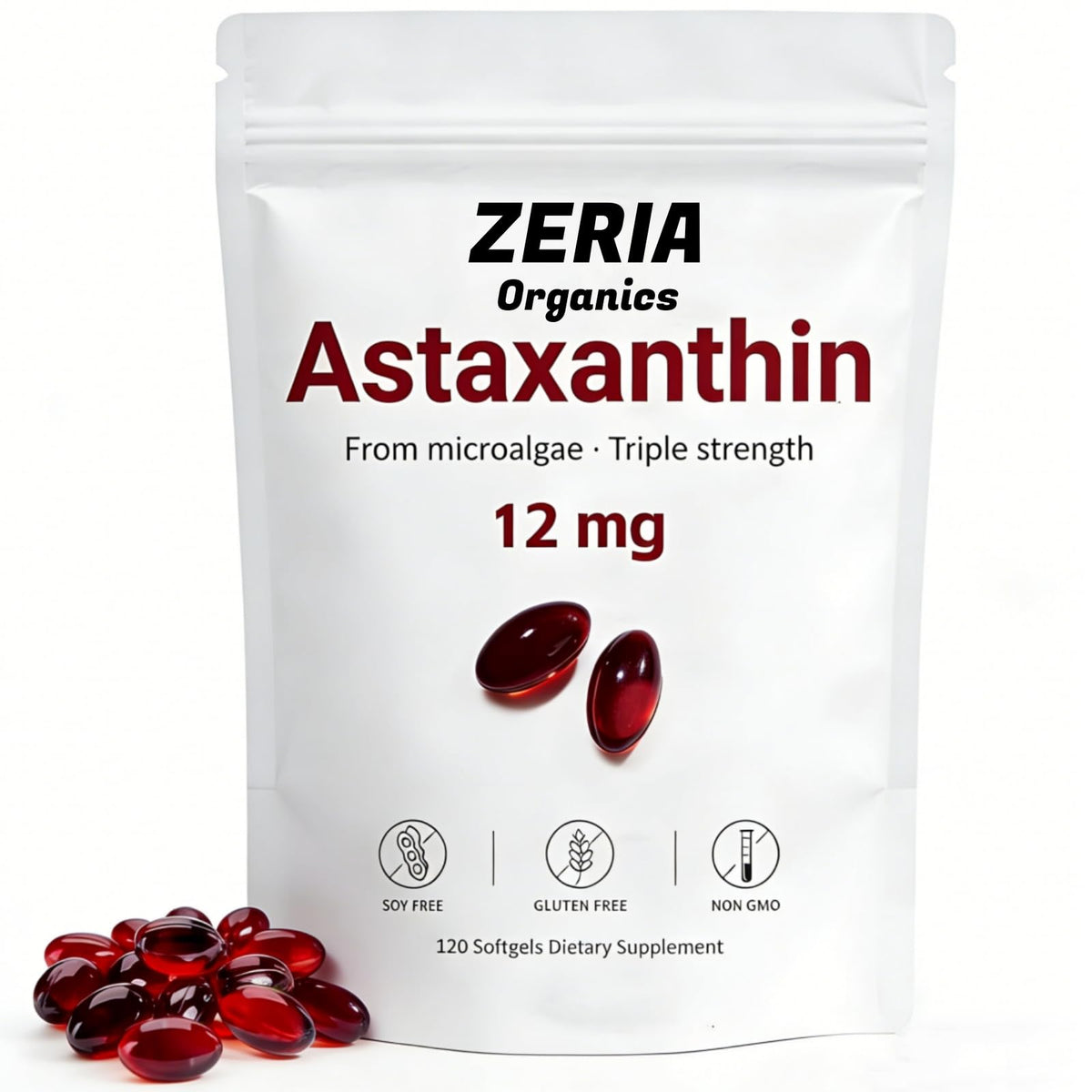 Zeria Organics Astaxanthin 12mg softgels front view