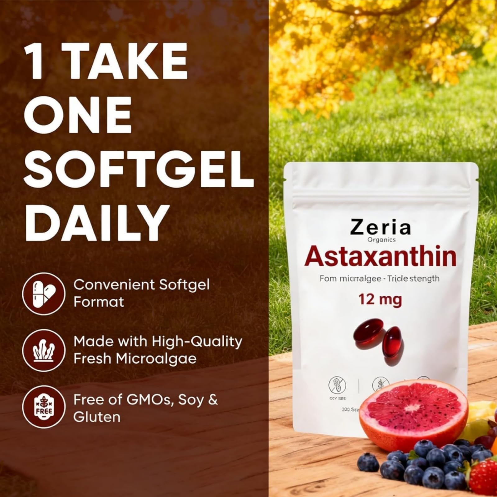 Zeria Organics Astaxanthin 12mg softgels on a wooden table