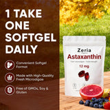 Zeria Organics Astaxanthin 12mg softgels on a wooden table