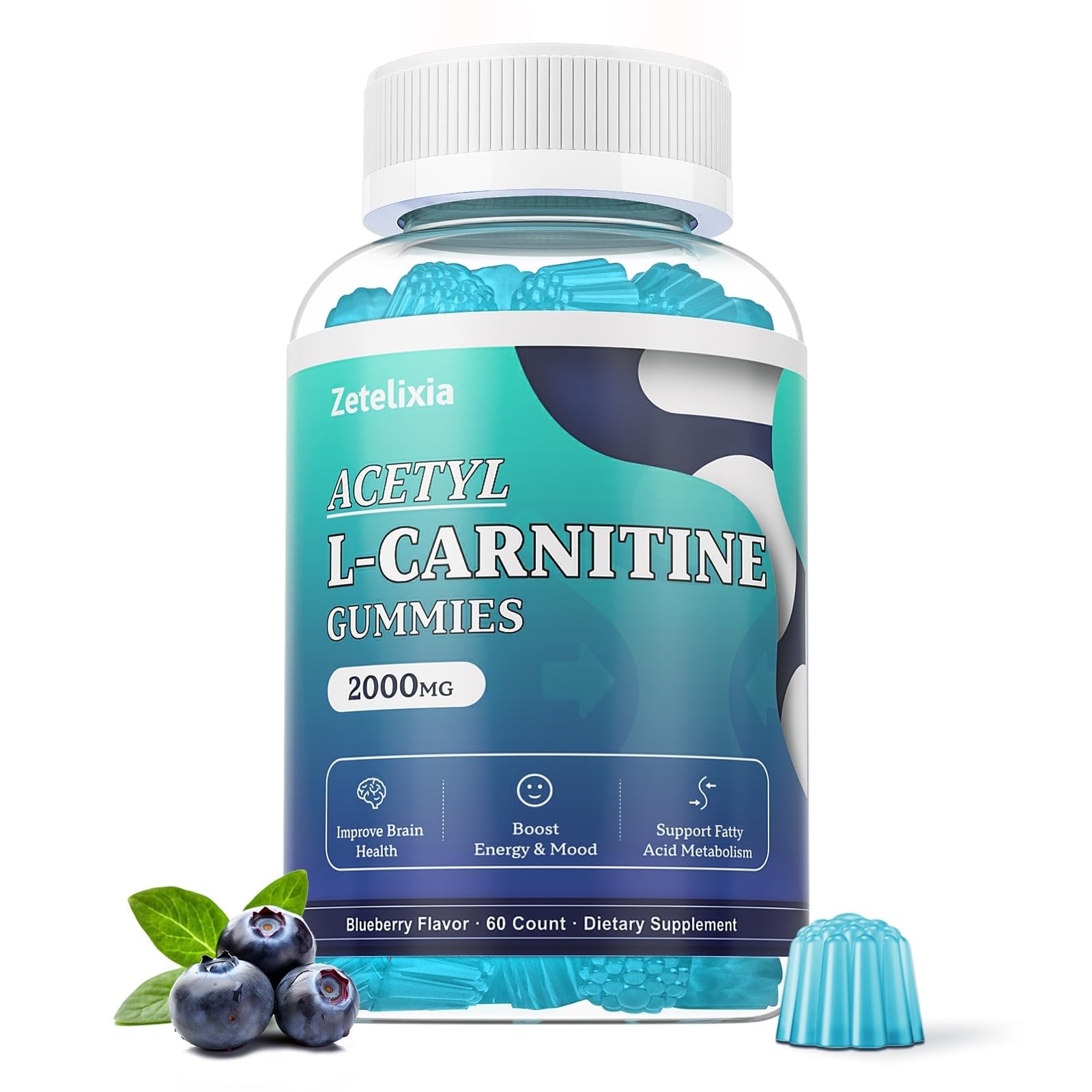 Zetelixia Acetyl L-Carnitine Gummies bottle front view with blueberry flavour