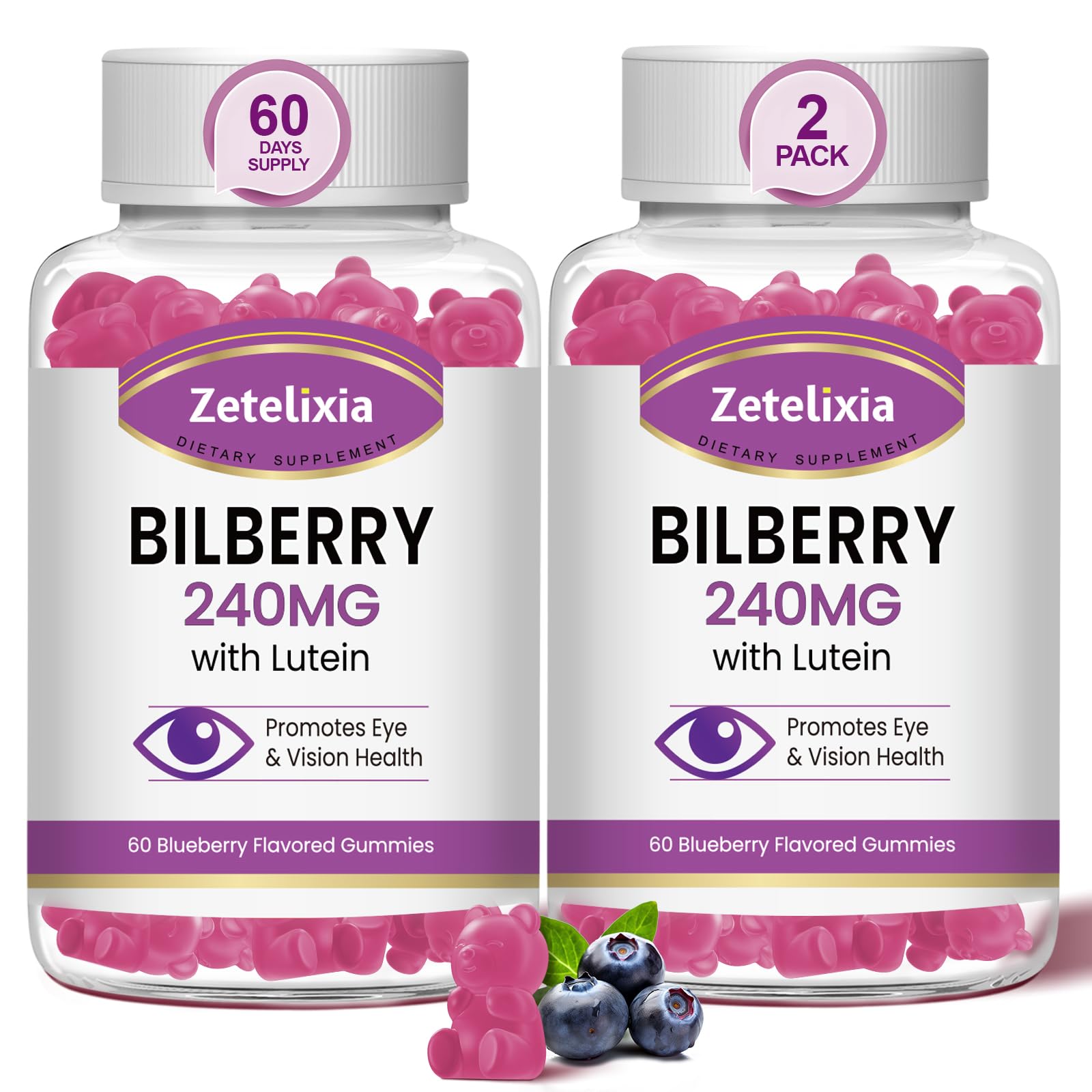 Zetelixia Bilberry Gummies bottle front view with blueberry flavour