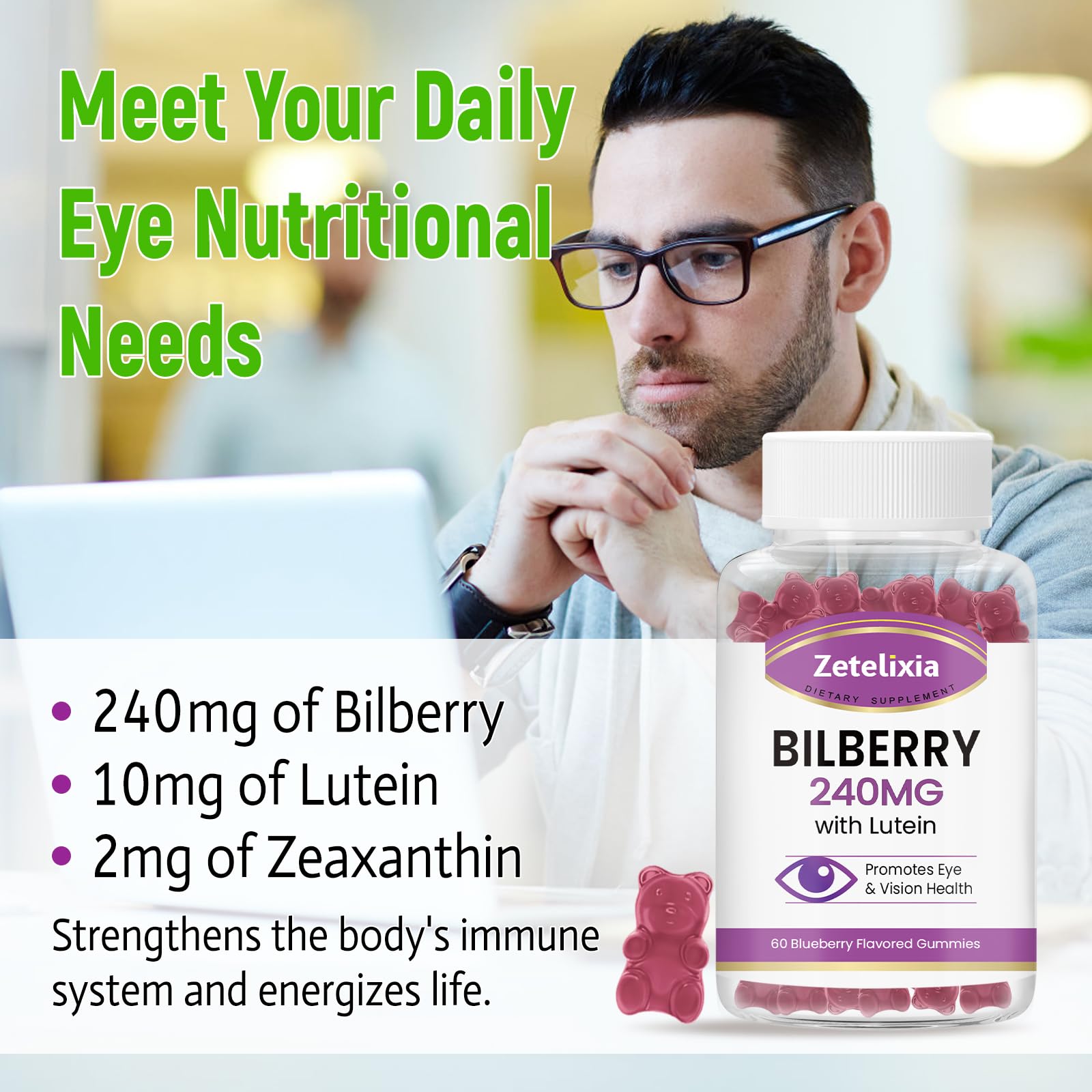 Zetelixia Bilberry Gummies bottle with a hand holding it