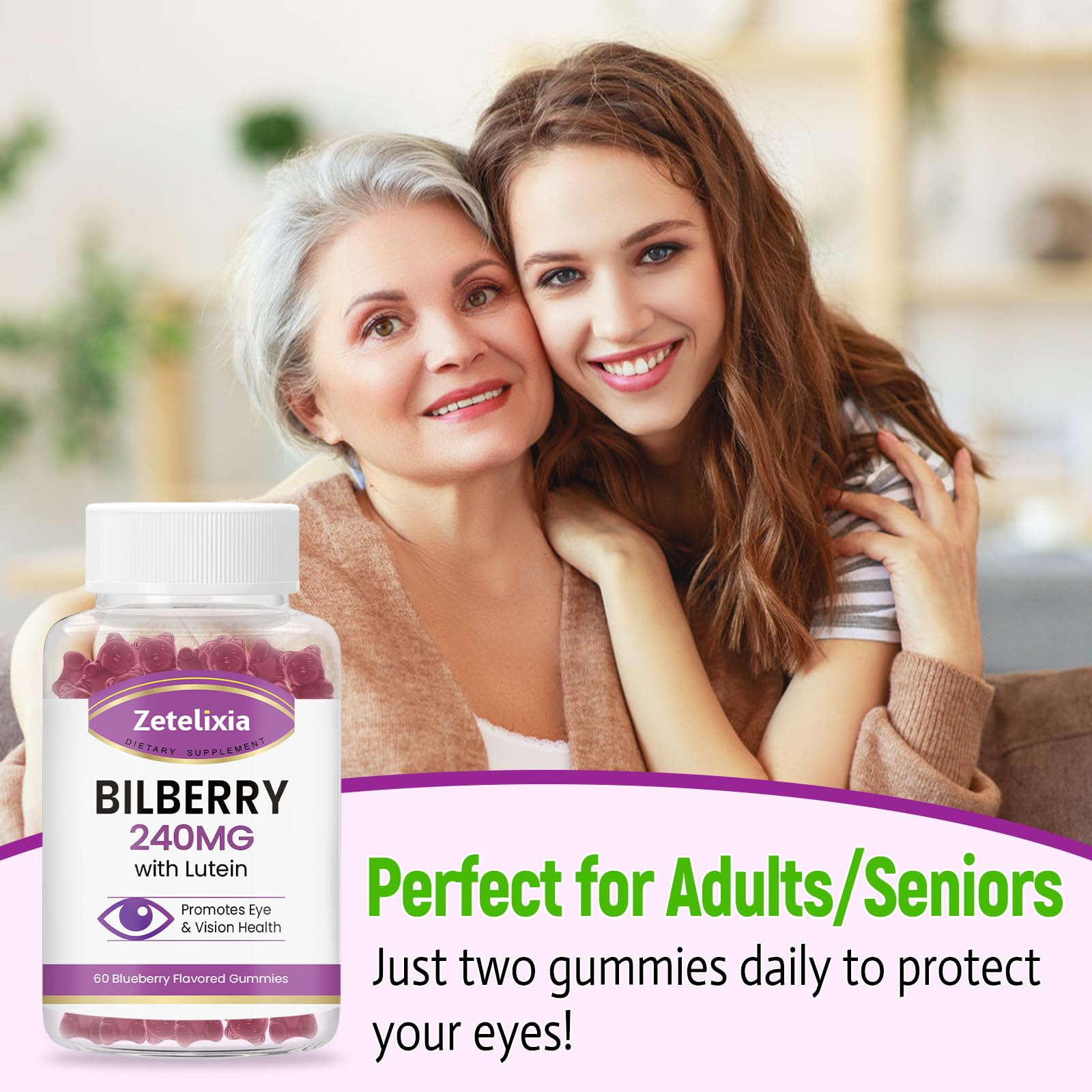 Zetelixia Bilberry Gummies displayed with other health supplements