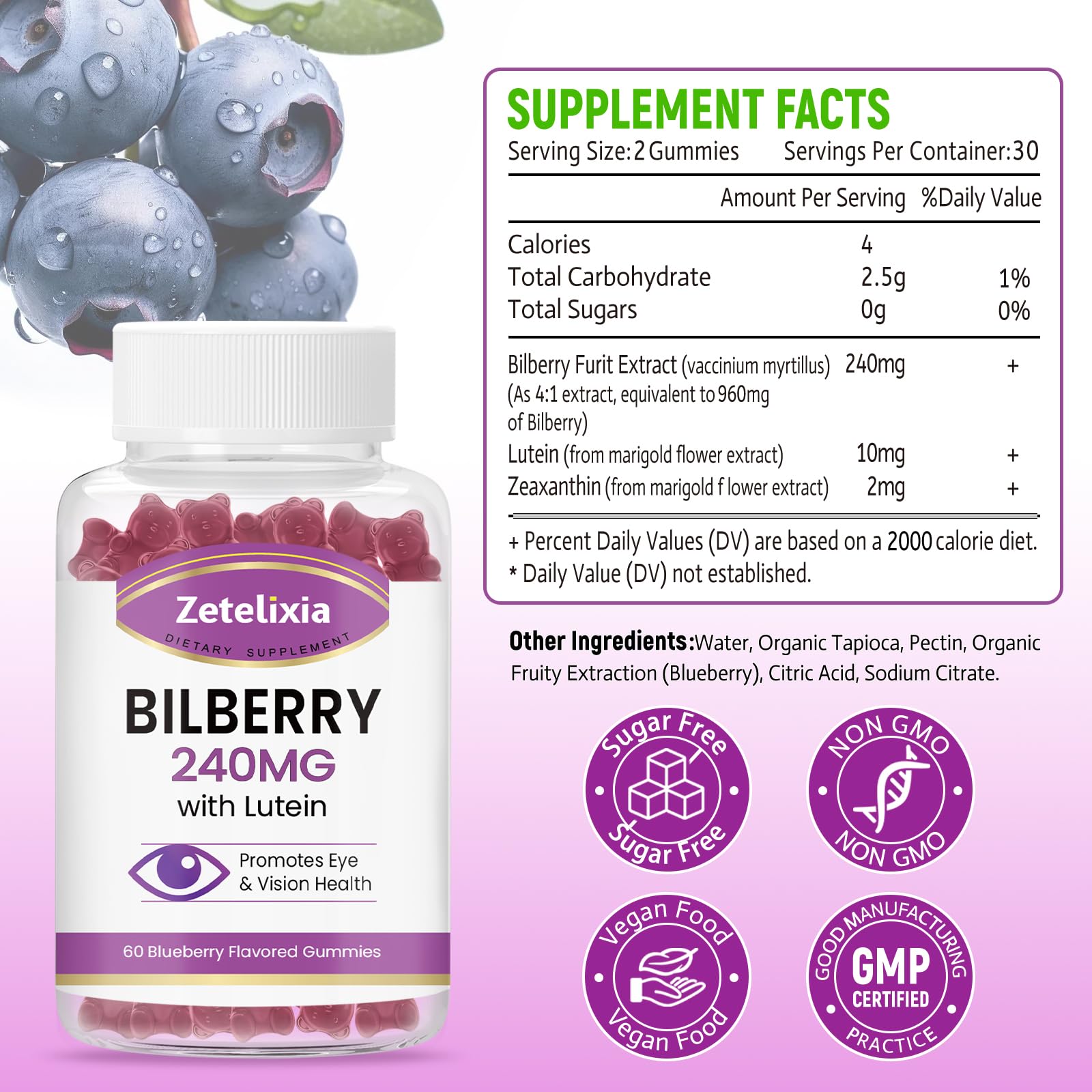 Zetelixia Bilberry Gummies showing the gummies inside the bottle