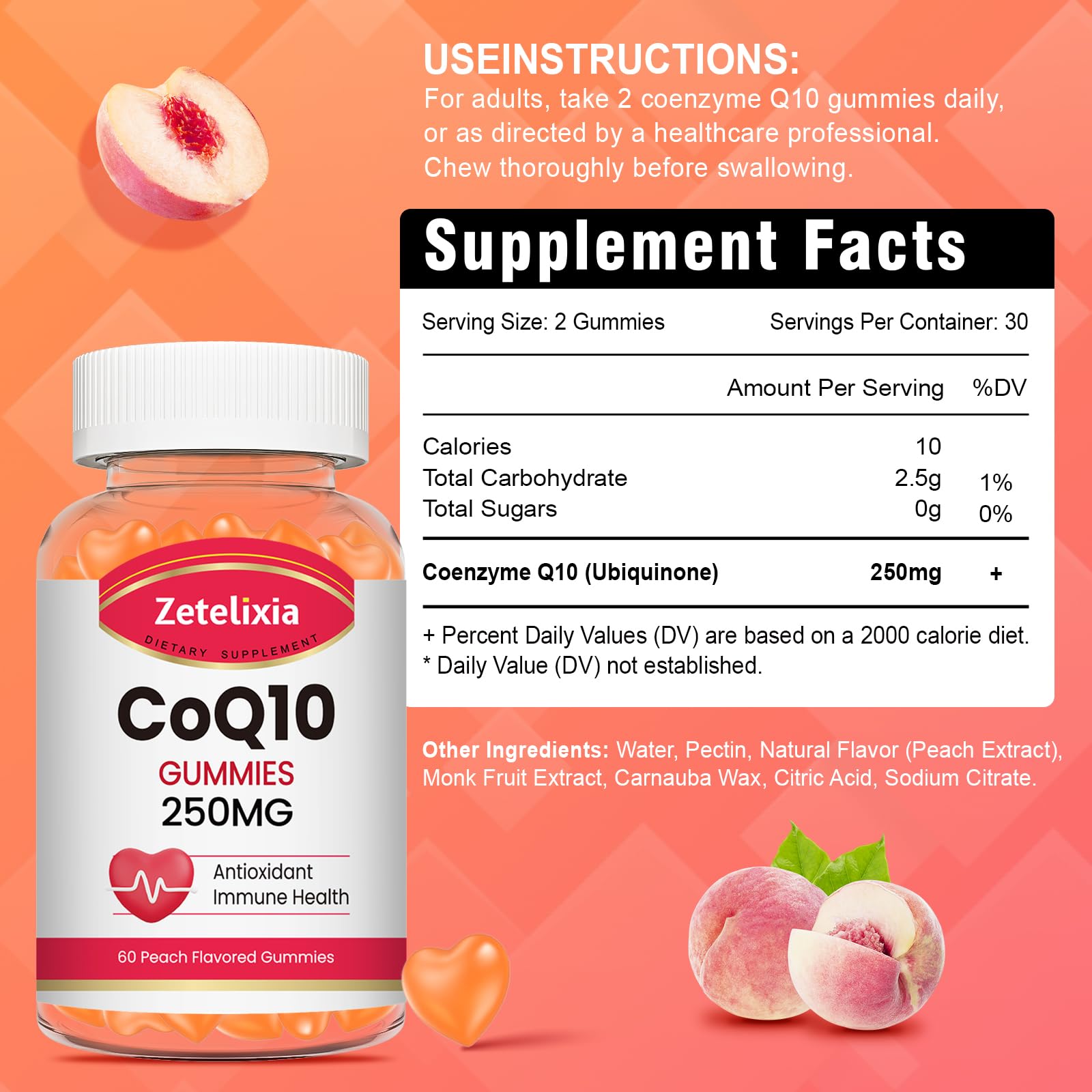 Zetelixia CoQ10 Gummies 5X Absorption peach flavour gummy close-up