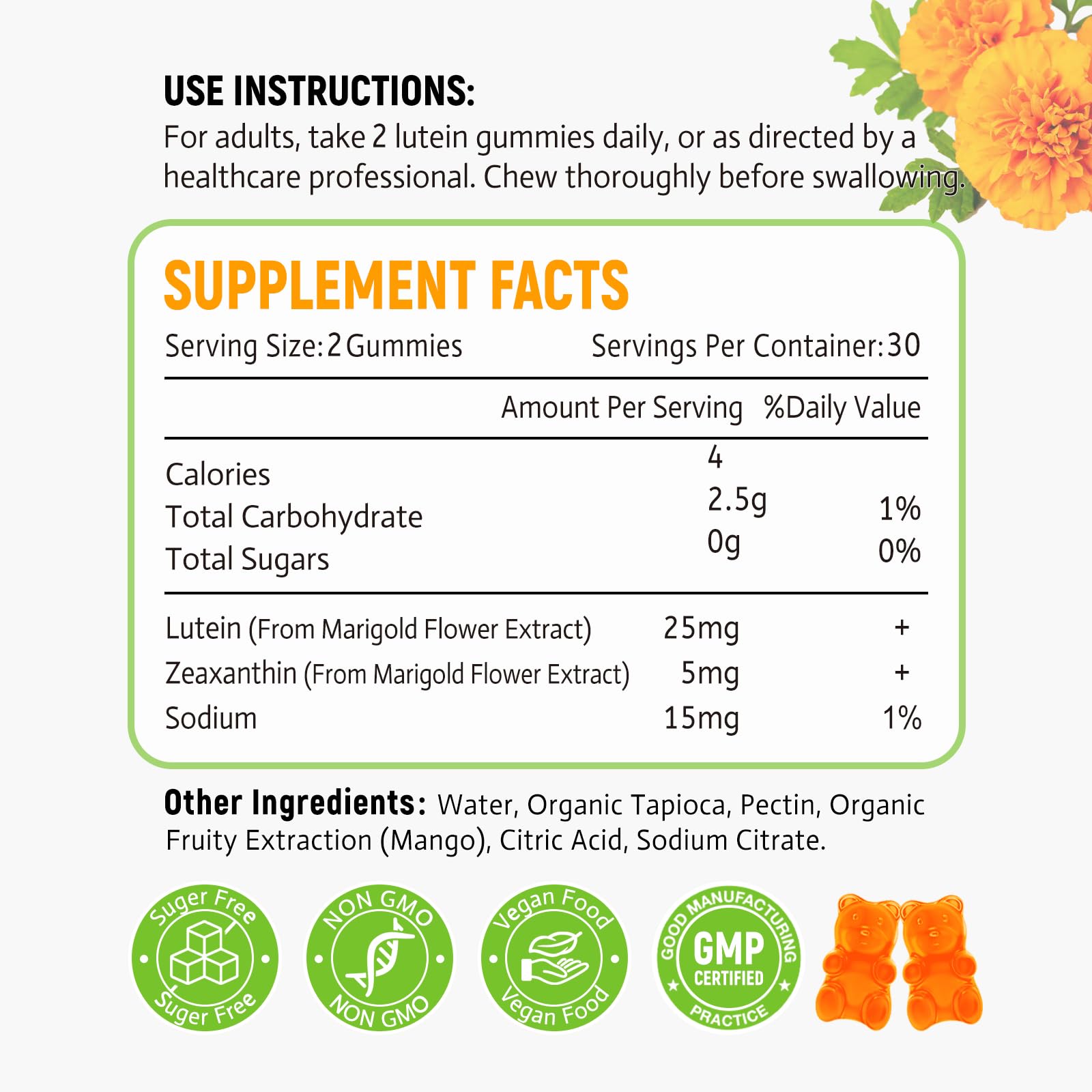 Zetelixia Lutein Gummies back view with nutritional information