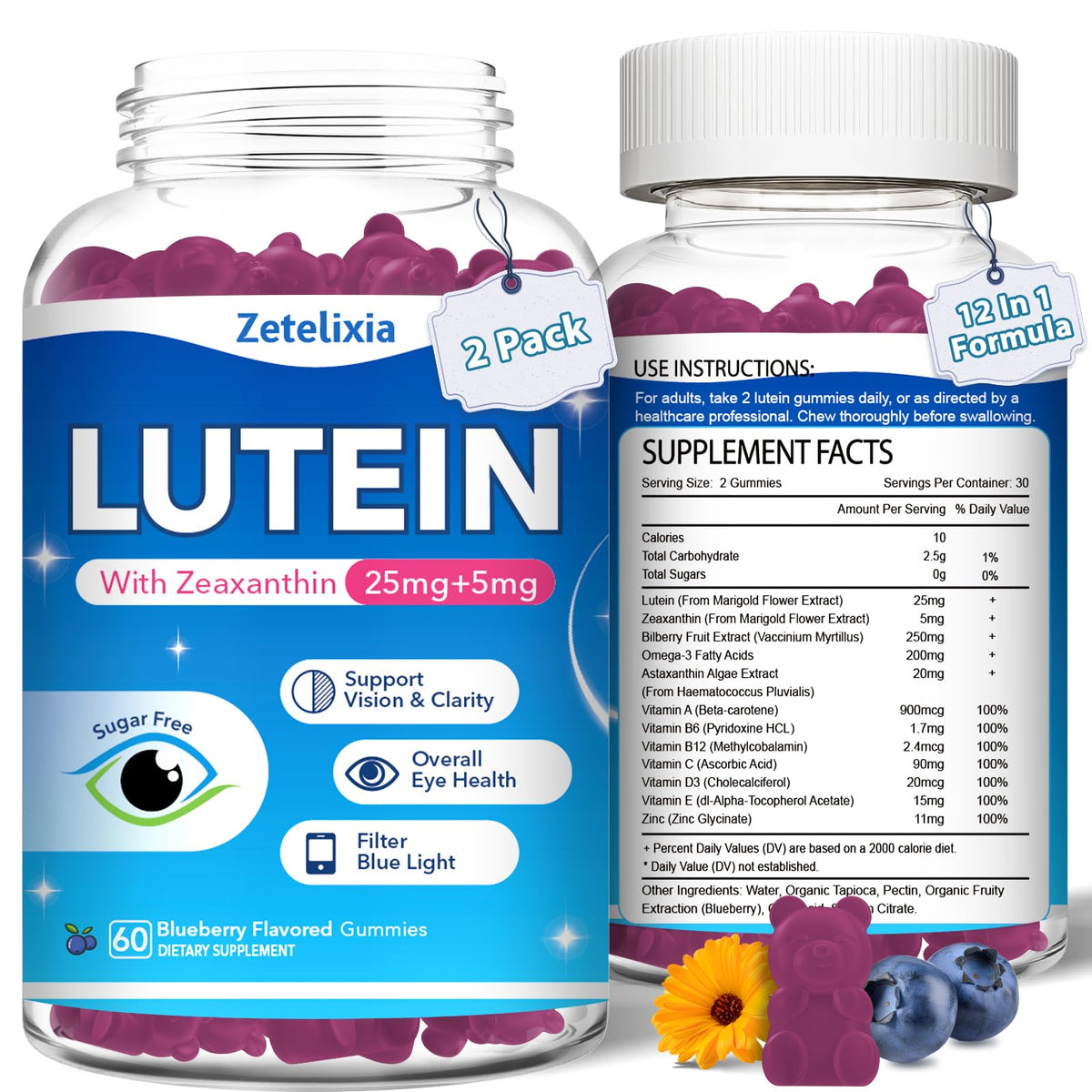 Zetelixia Lutein Gummies front view with blueberry flavour