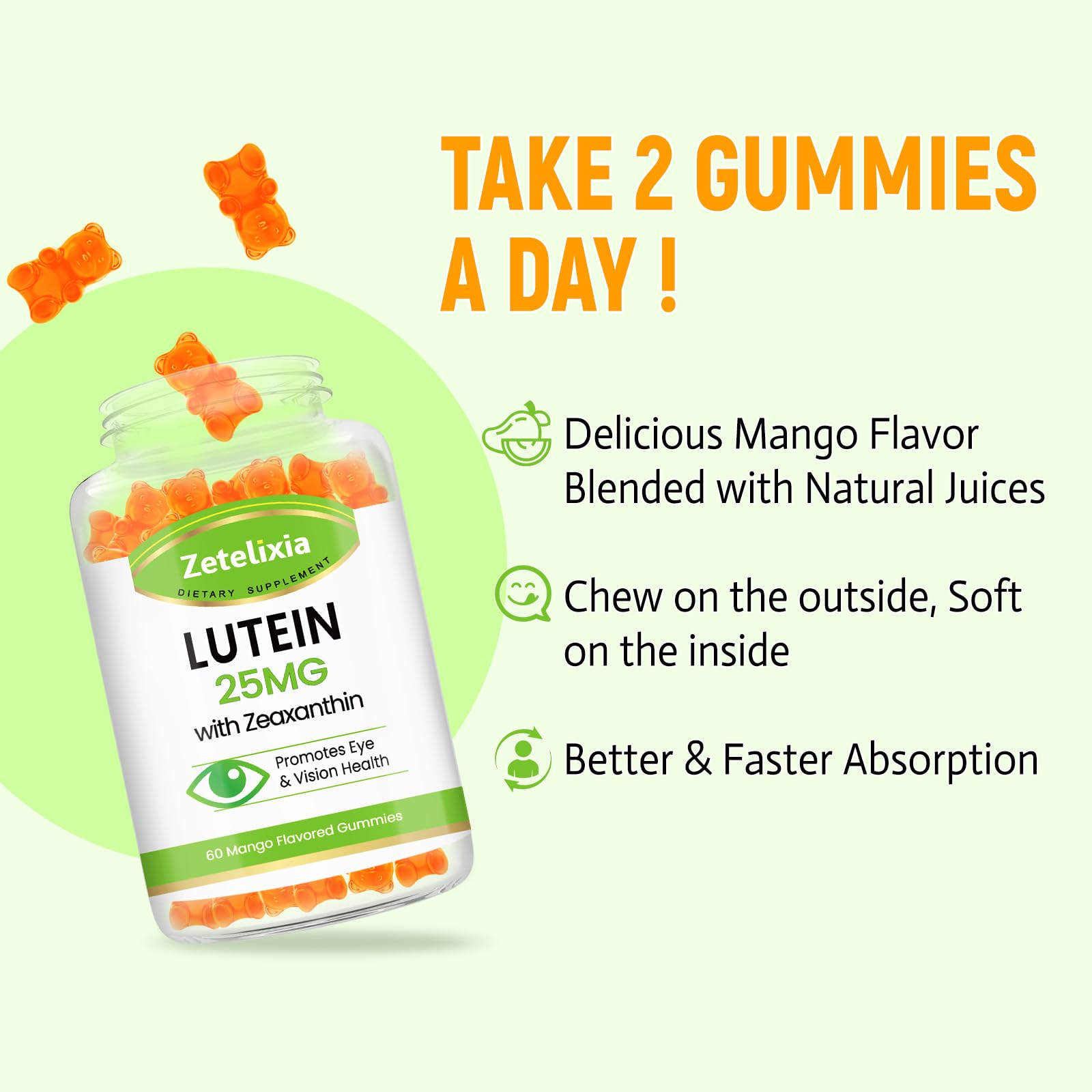 Zetelixia Lutein Gummies lifestyle shot with fresh fruit