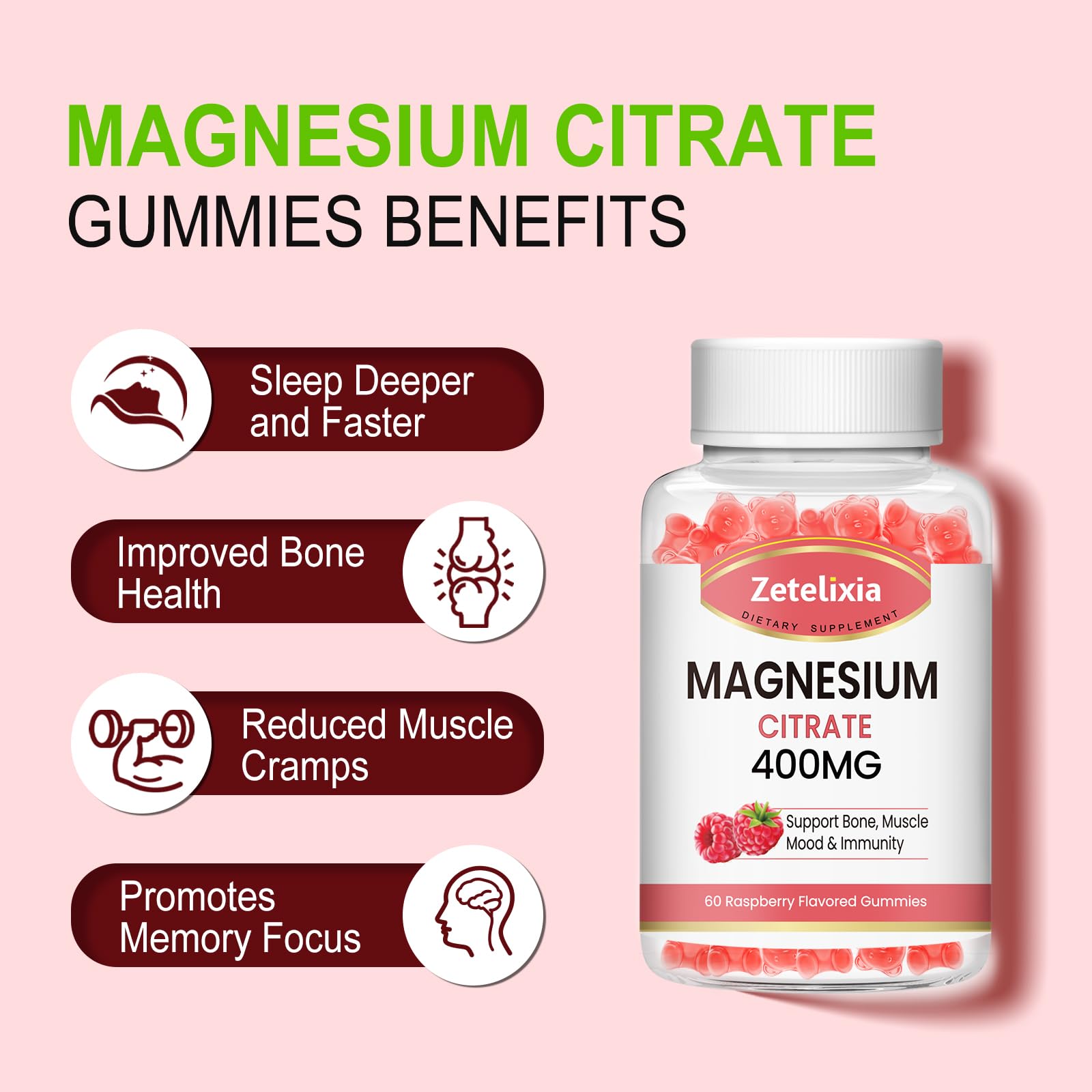 Zetelixia Magnesium Citrate Gummies raspberry flavour close-up
