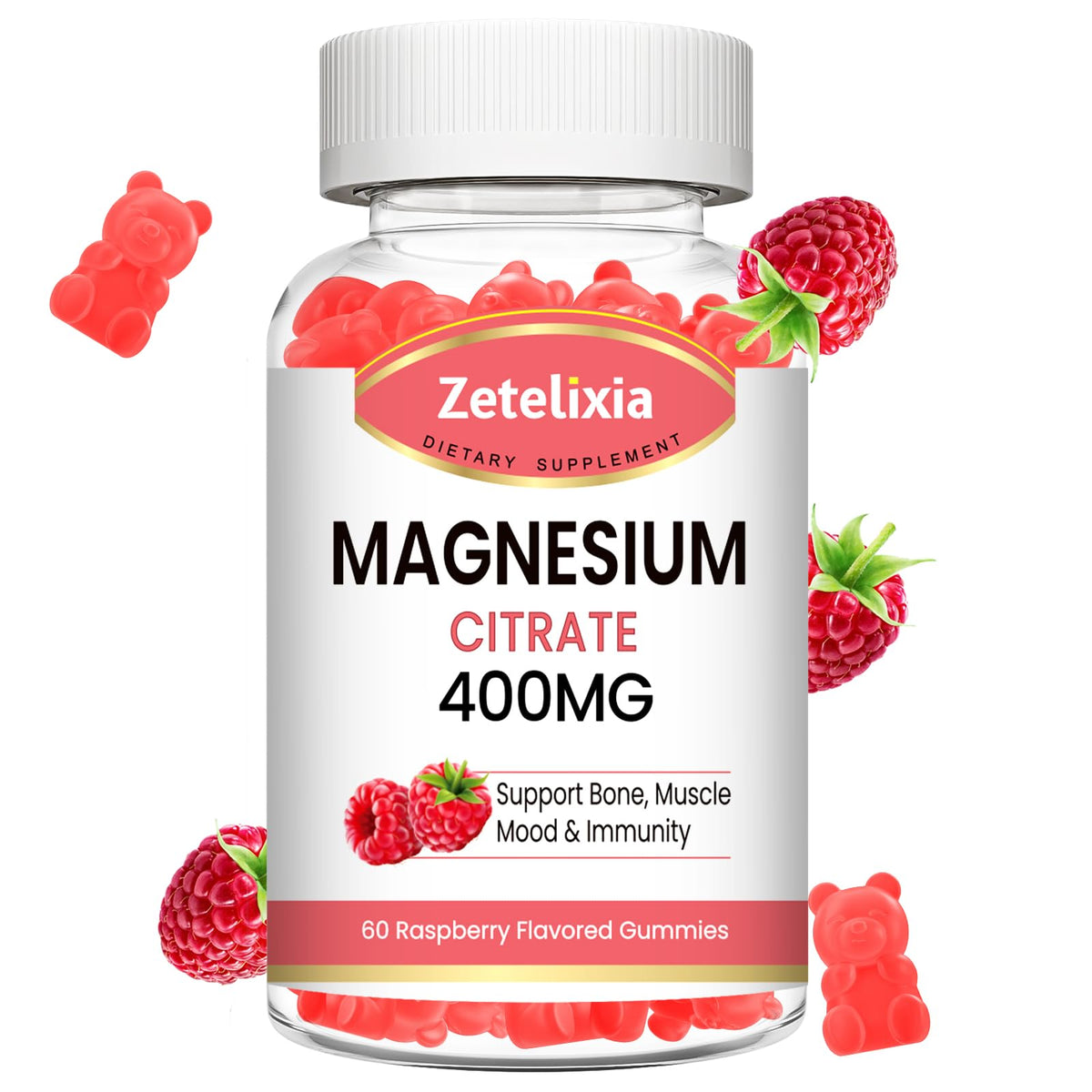 Zetelixia Magnesium Citrate Gummies raspberry flavour front view