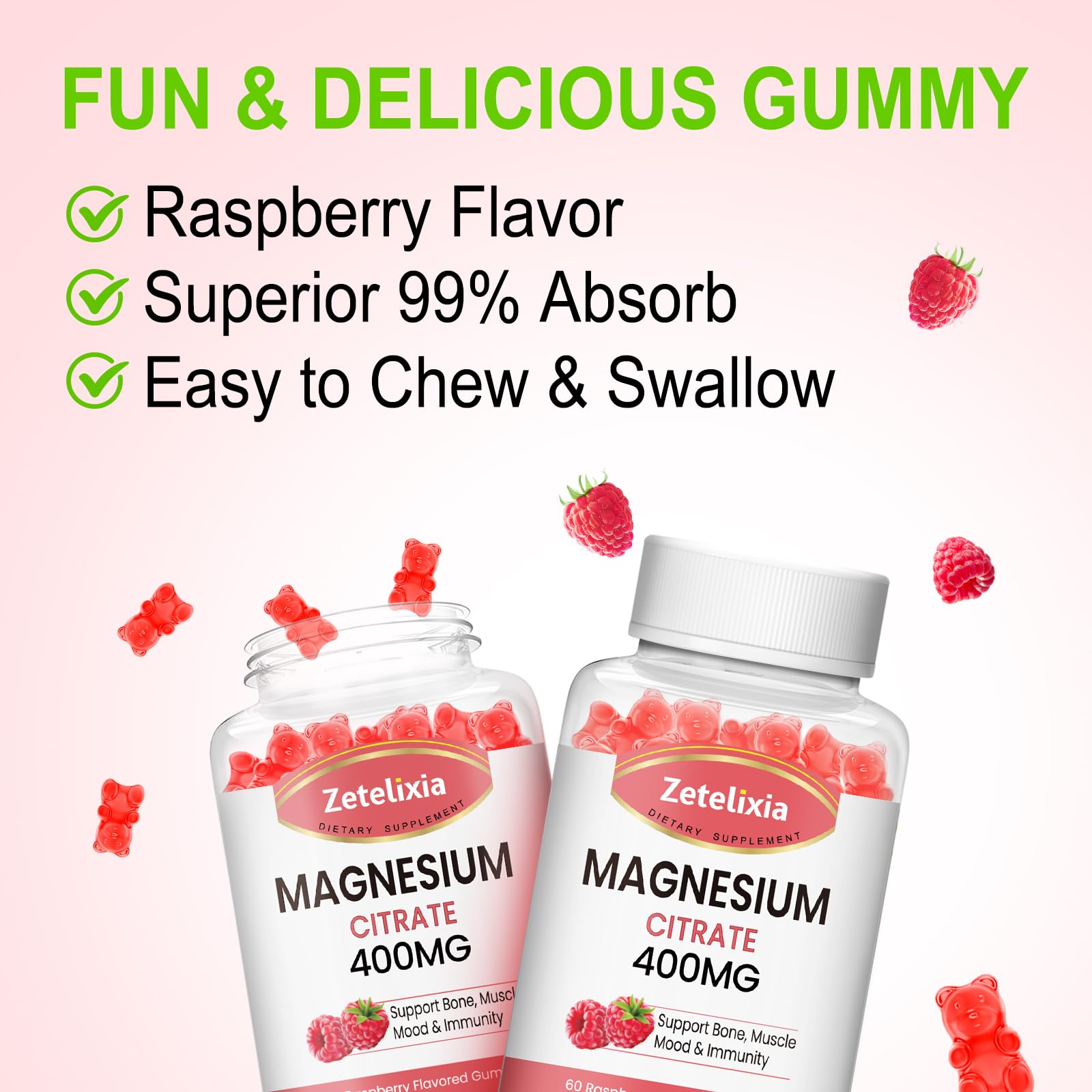Zetelixia Magnesium Citrate Gummies with fresh raspberries