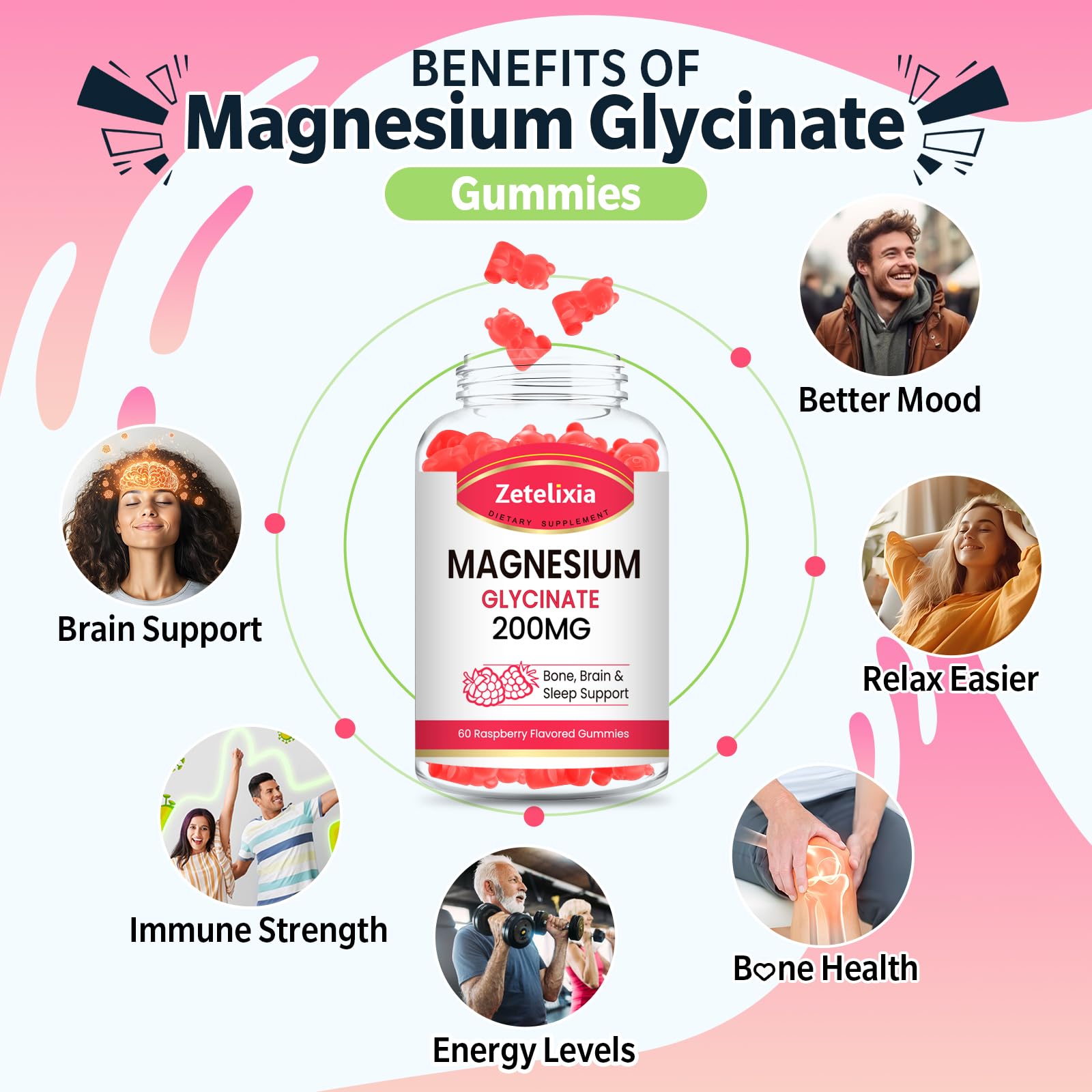 Zetelixia Magnesium Glycinate Gummies showing raspberry gummies