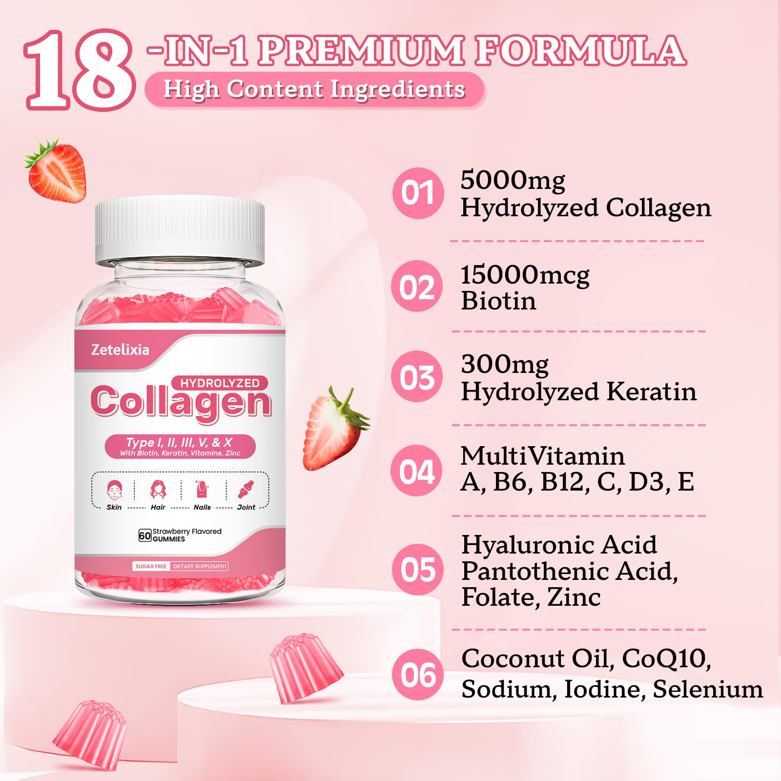 Zetelixia Multi Collagen Gummies strawberry flavour close-up