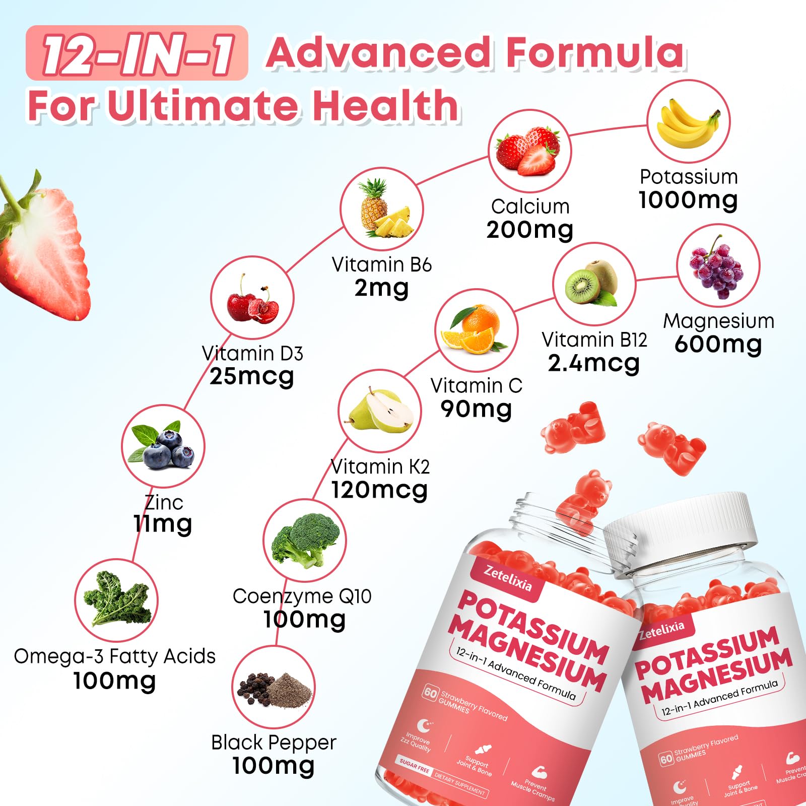 Zetelixia Potassium Magnesium Gummies displayed with fresh strawberries