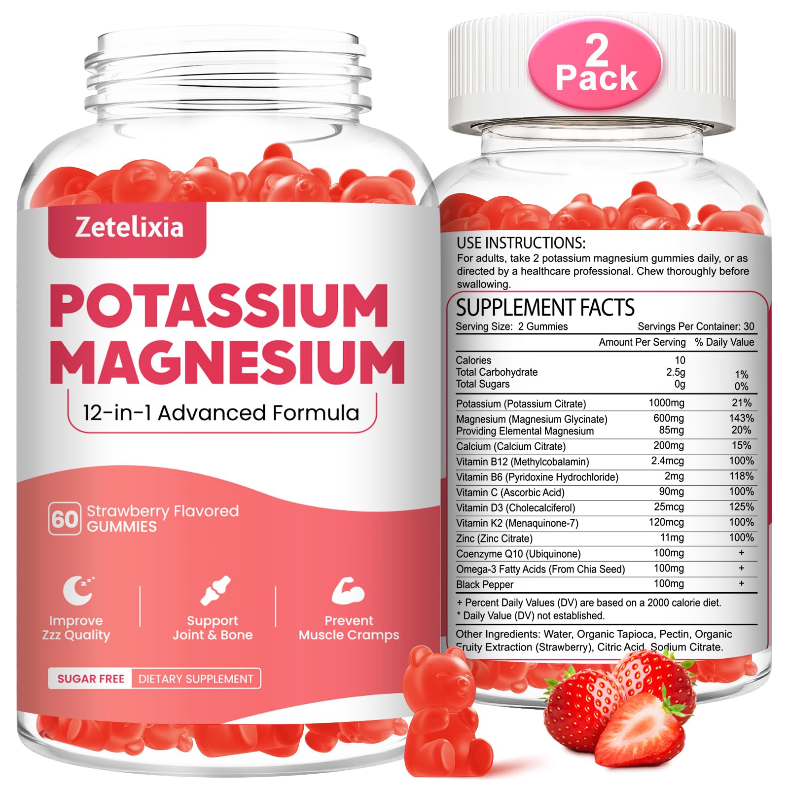 Zetelixia Potassium Magnesium Gummies front view, strawberry flavour