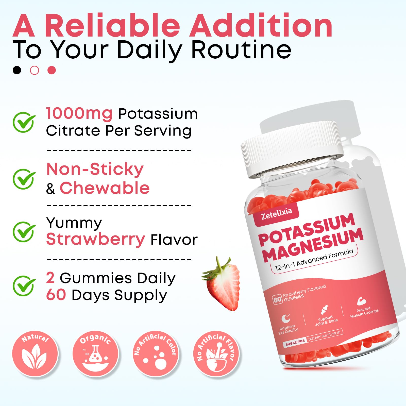 Zetelixia Potassium Magnesium Gummies with a measuring spoon for dosage