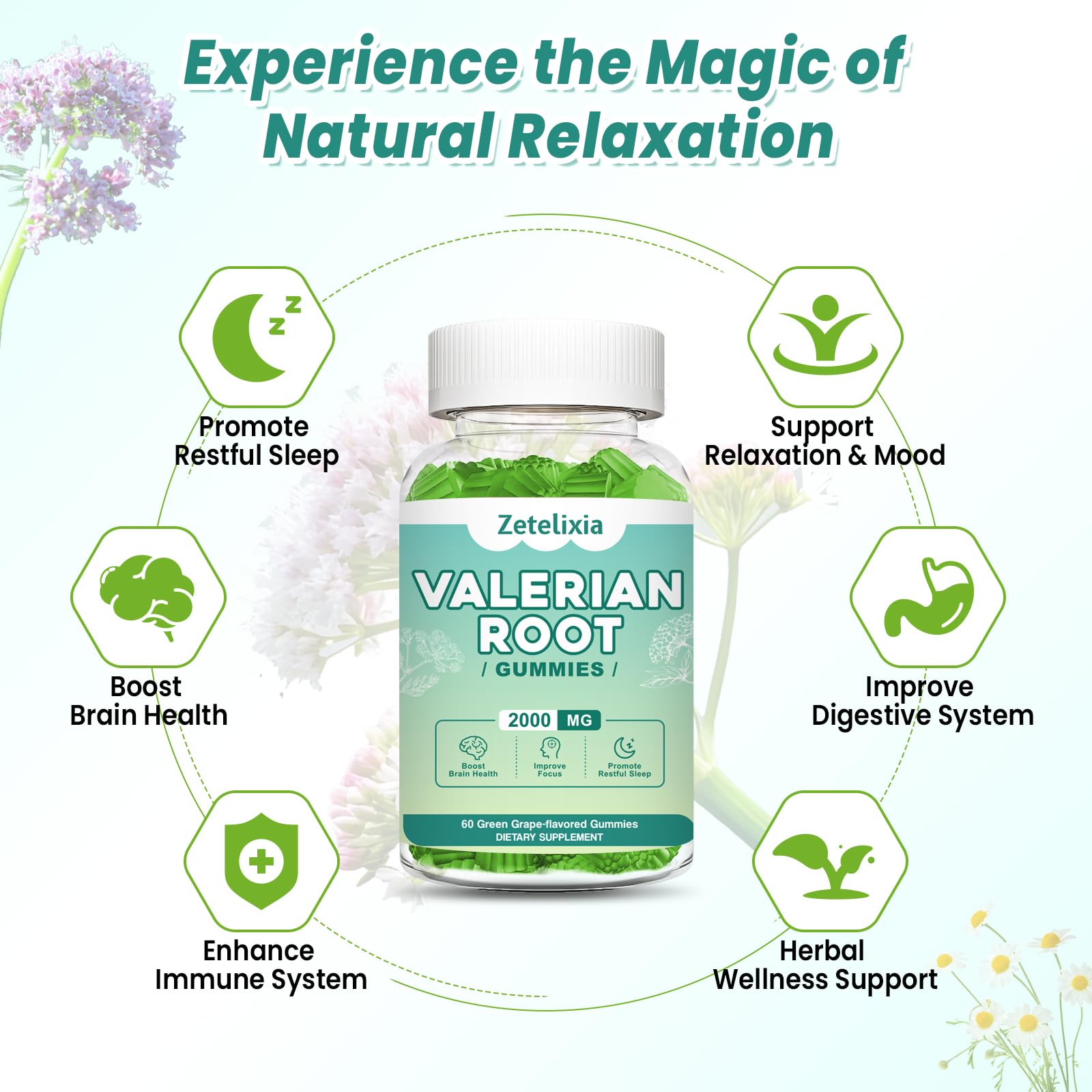 Zetelixia Valerian Root Gummies bottle showing 120 gummies