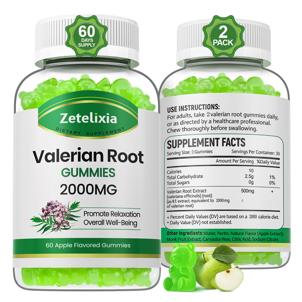 Zetelixia Valerian Root Gummies front view with apple flavour