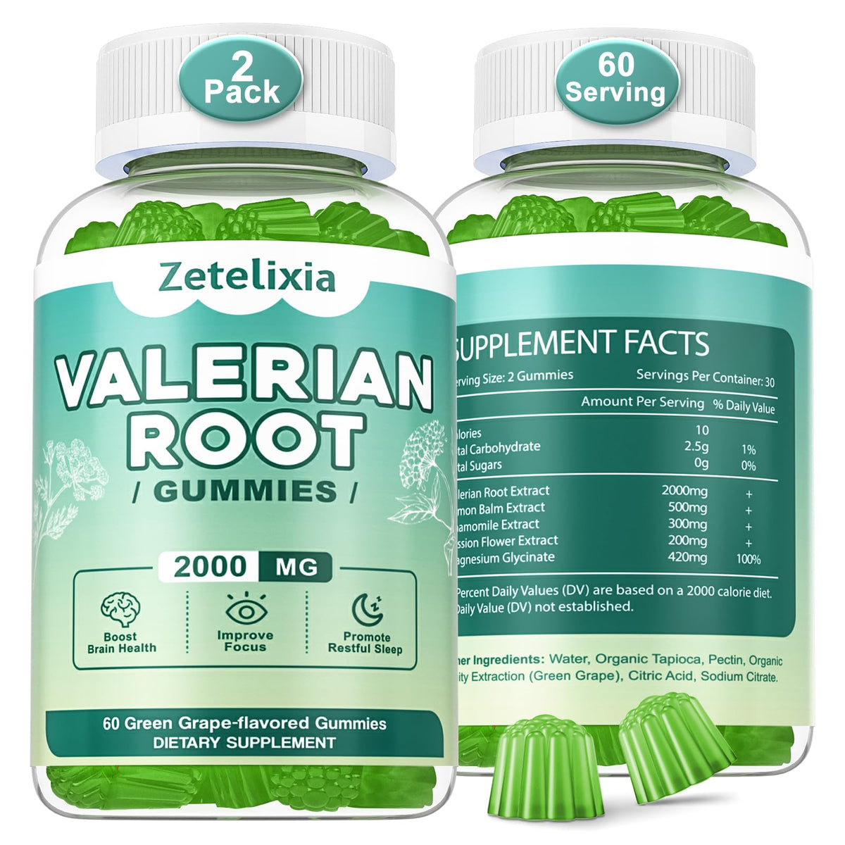 Zetelixia Valerian Root Gummies front view with green grape flavour