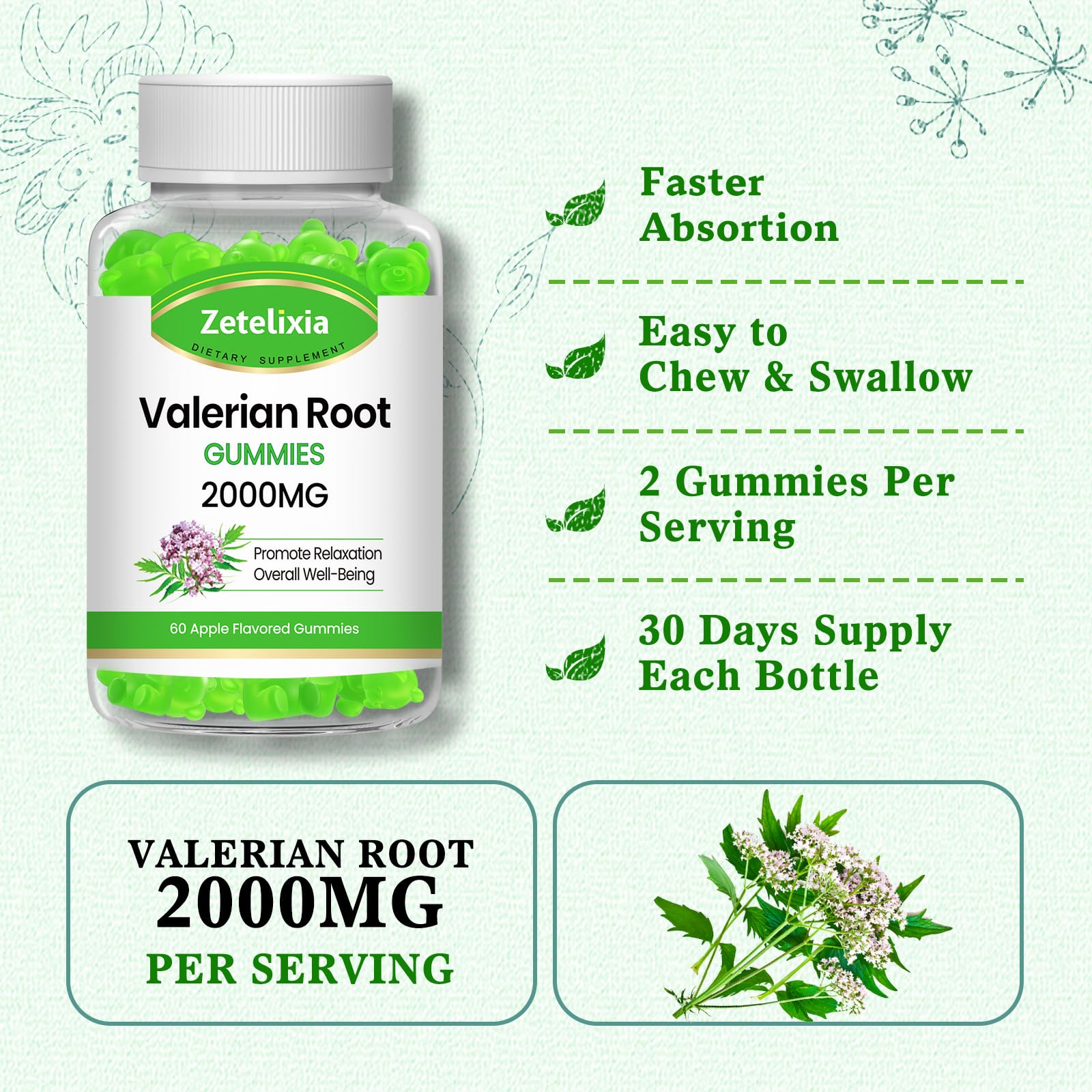 Zetelixia Valerian Root Gummies nutrition facts label