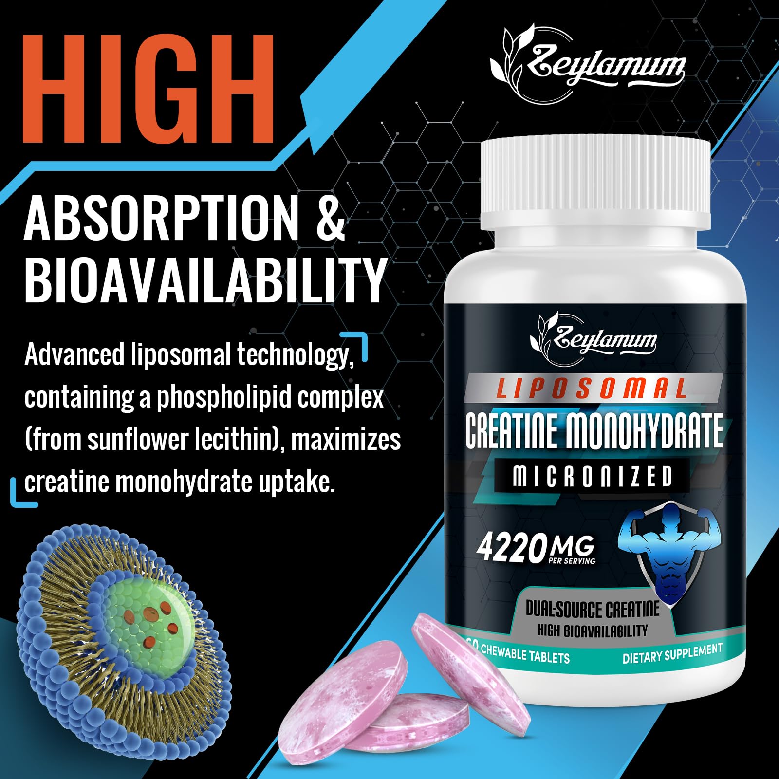 Zeylamum Creatine Chewable Tablets on a gym bench