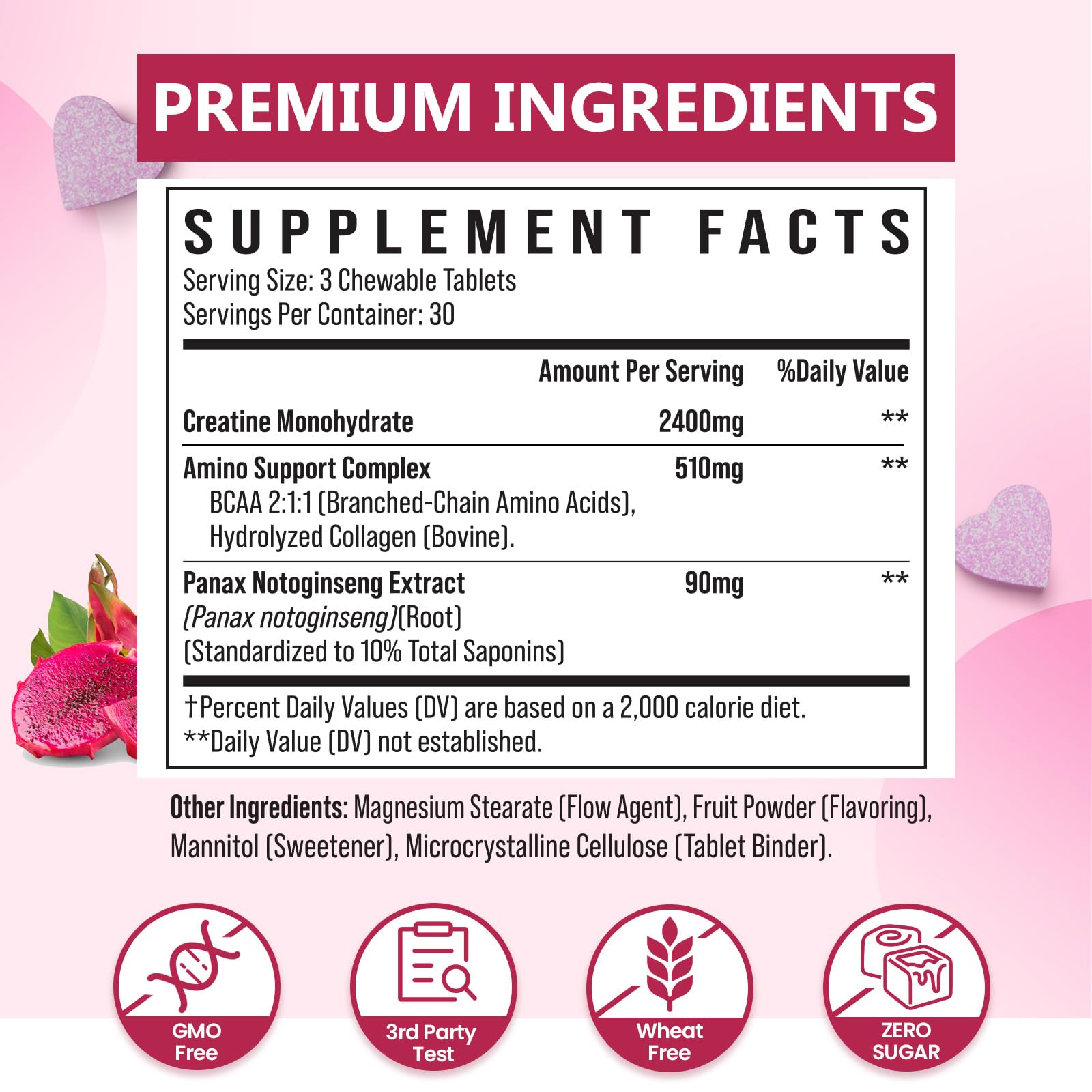 Zeylamum Creatine Chewable Tablets side view showing ingredients