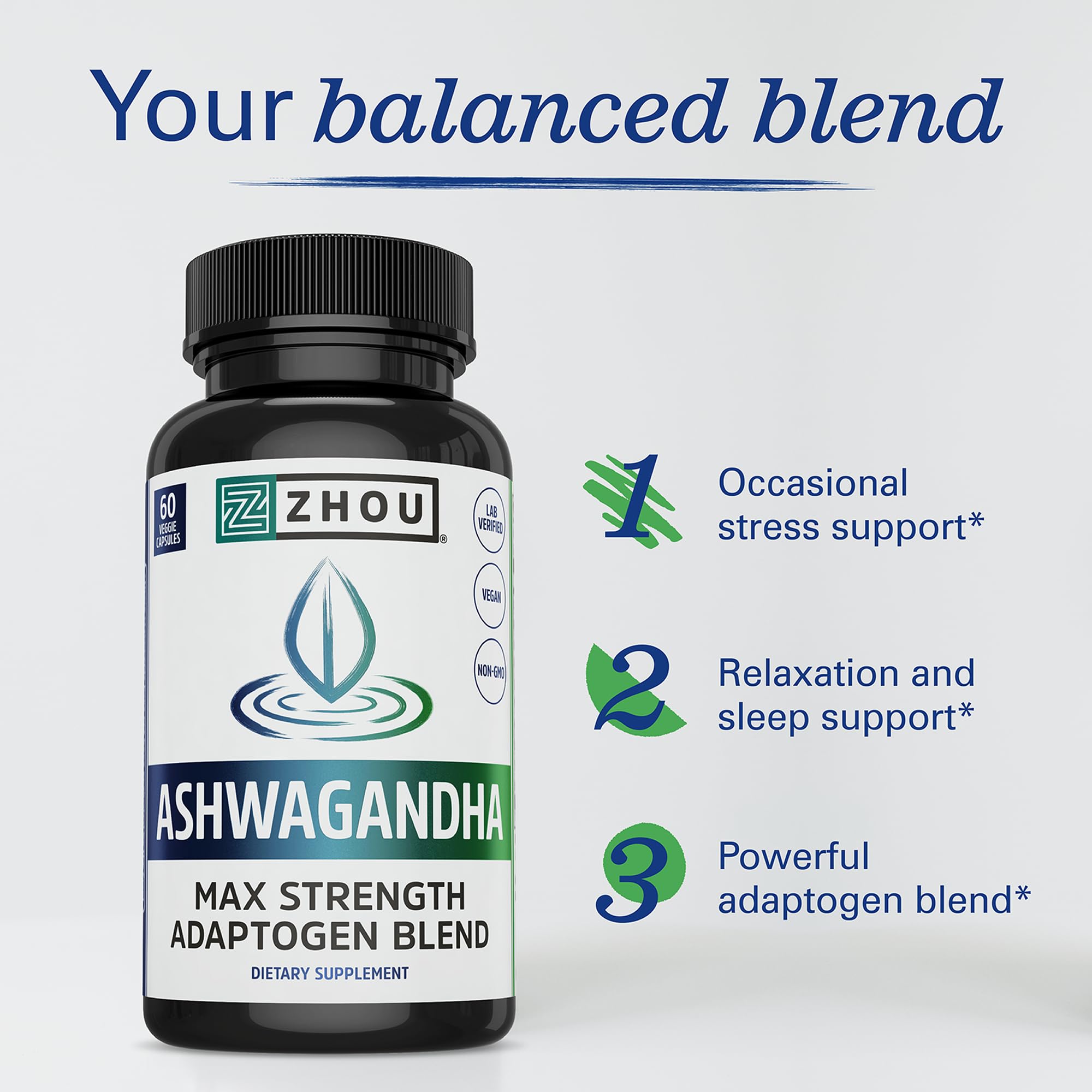 ZHOU Ashwagandha and Rhodiola Rosea Supplement side view