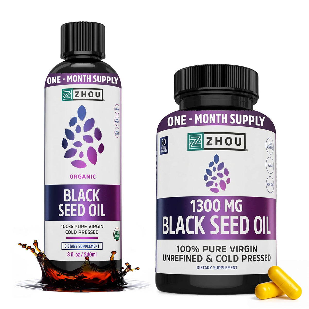 ZHOU Black Seed Oil Bundle with liquid and capsules front view
