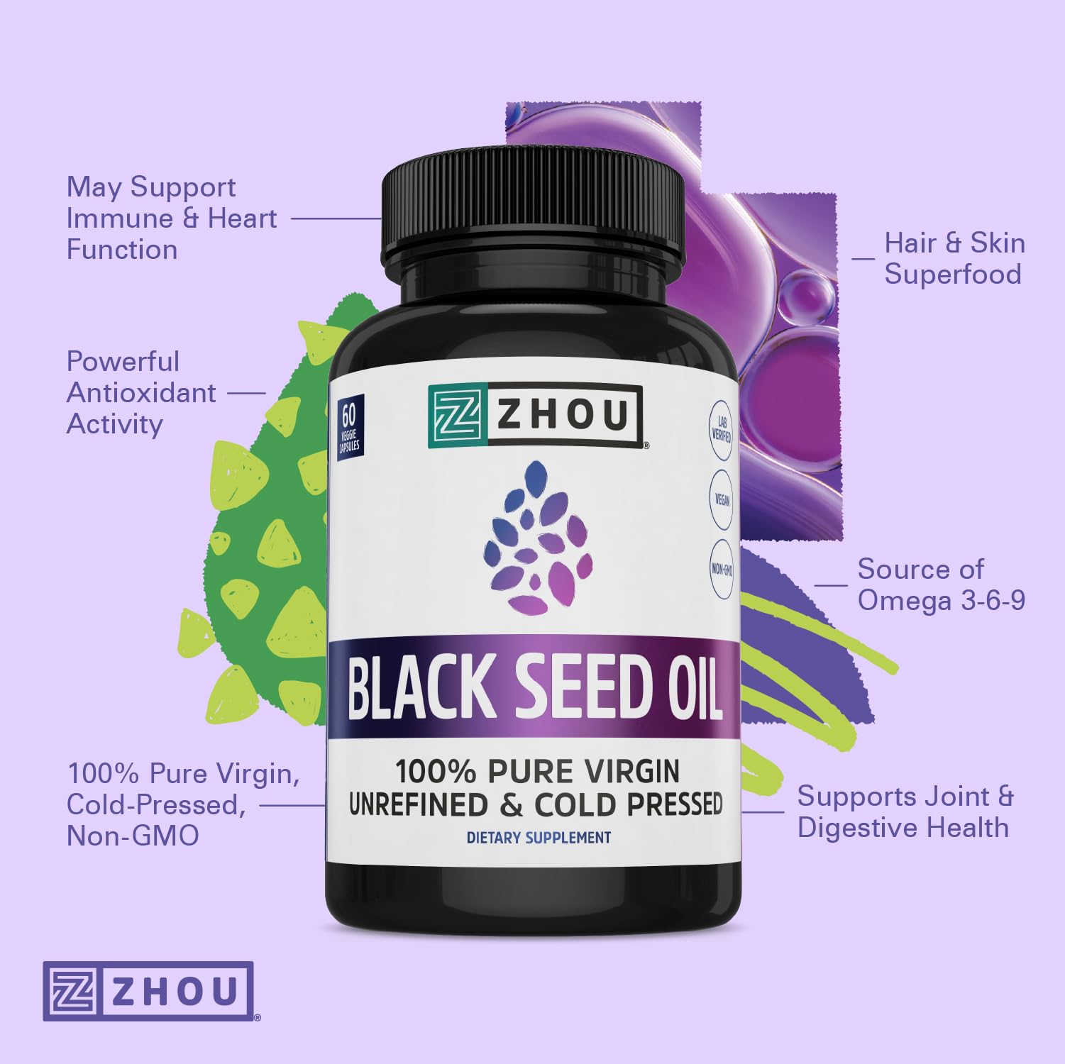 ZHOU Black Seed Oil Capsules 100% Pure capsules on a wooden surface
