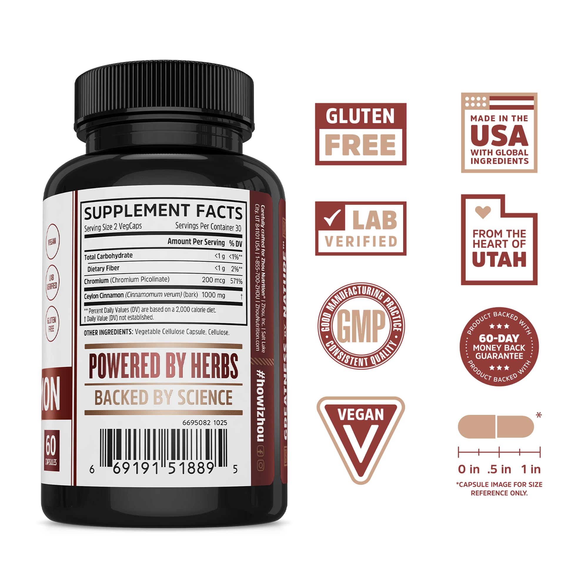ZHOU Ceylon Cinnamon 1200mg supplement bottle side view