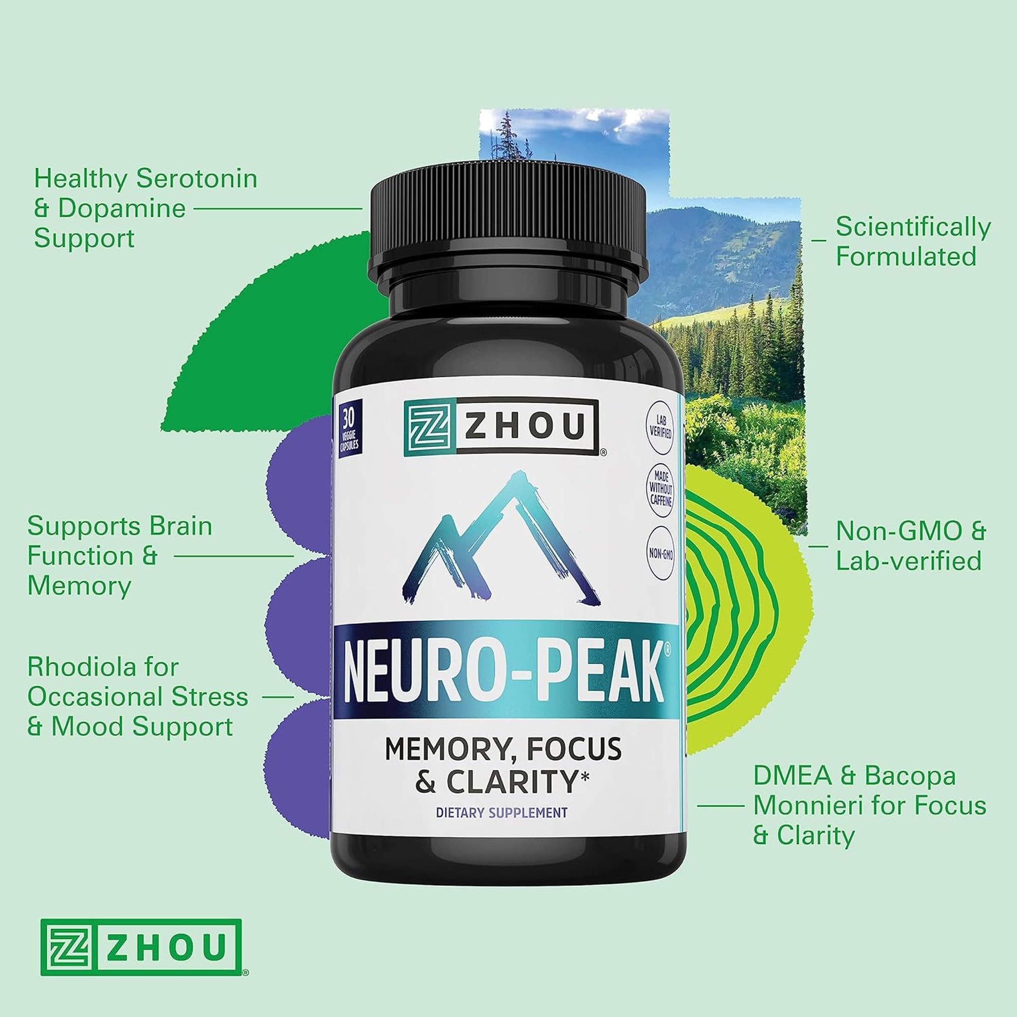 ZHOU Energy + Focus supplement bottle showcasing clean energy ingredients