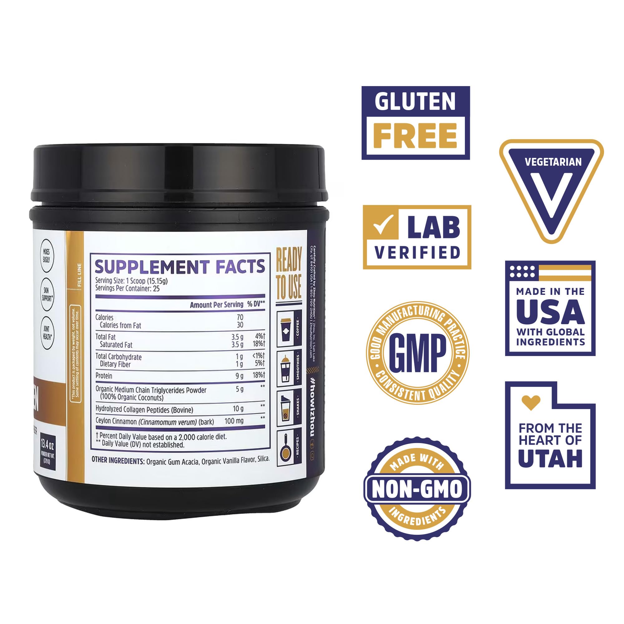 ZHOU MCT Collagen powder in a scoop