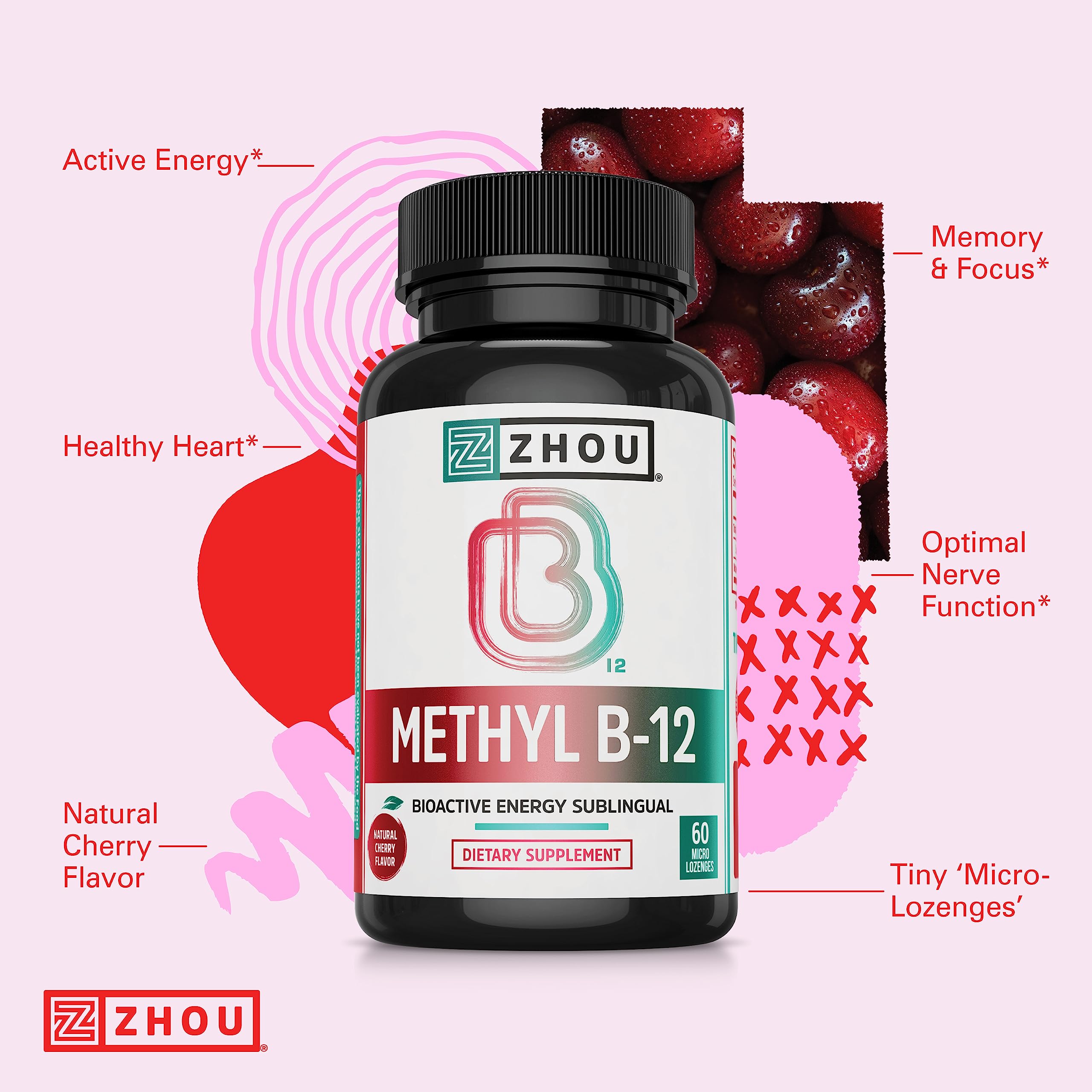 ZHOU Methyl B-12 cherry lozenge on a wooden table
