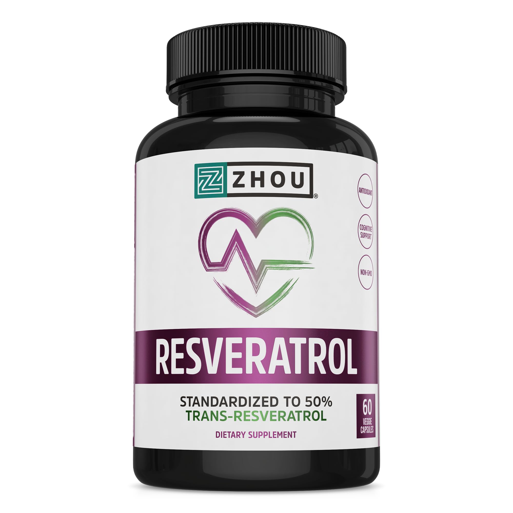 ZHOU Resveratrol Supplement 60 Veg Caps front view