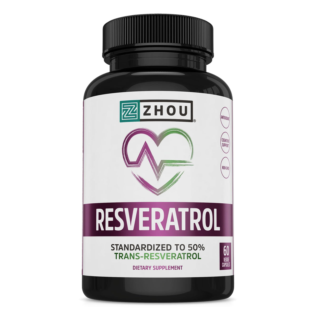 ZHOU Resveratrol Supplement 60 Veg Caps front view