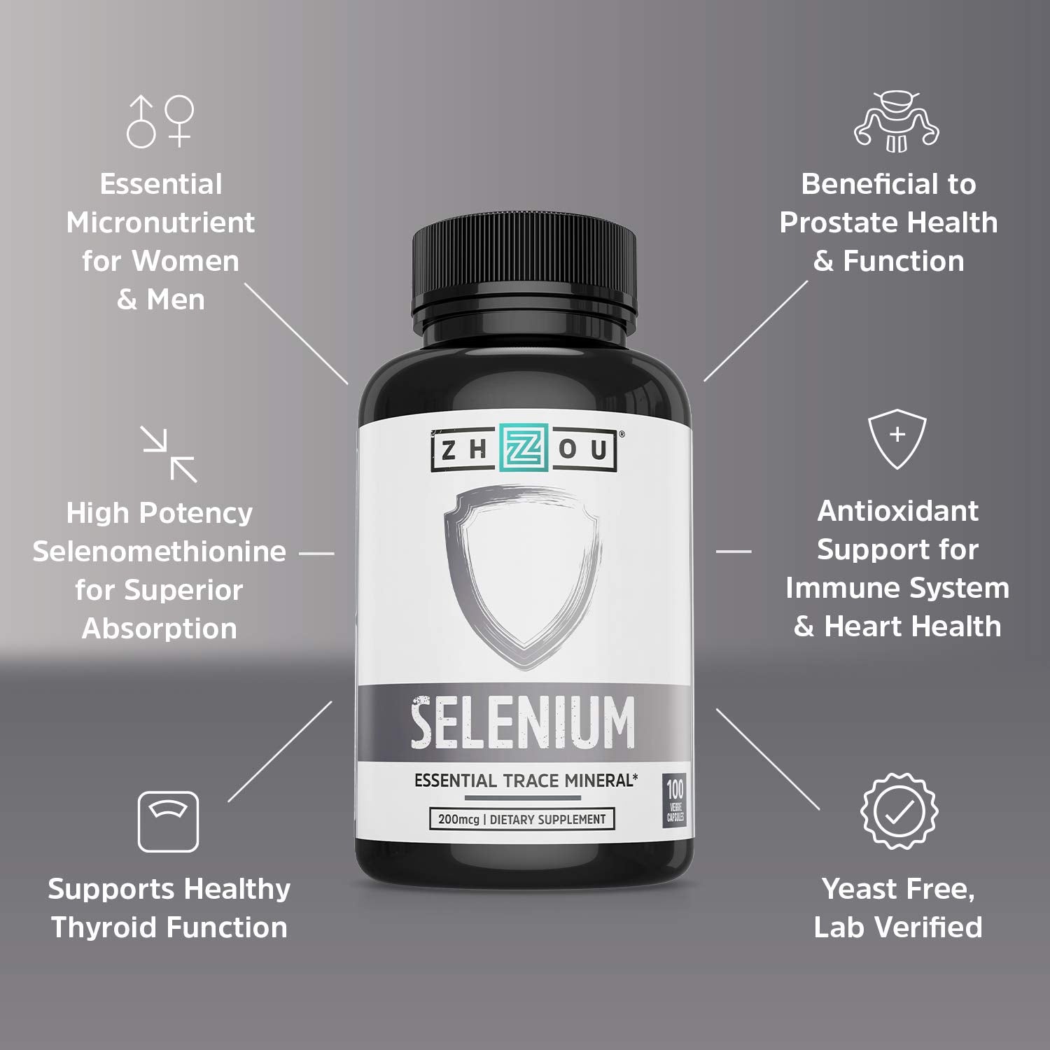 ZHOU Selenium 200mcg capsules on a wooden surface