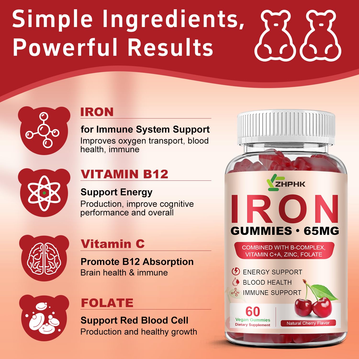 ZHPHK Iron Gummies displayed with fresh cherries