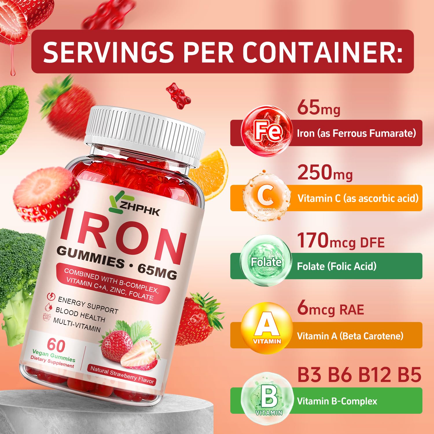 ZHPHK Iron Gummies nutritional information label