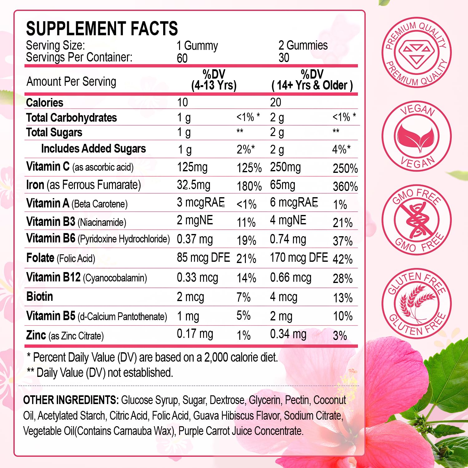 ZHPHK Iron Gummies packaging showing nutritional information