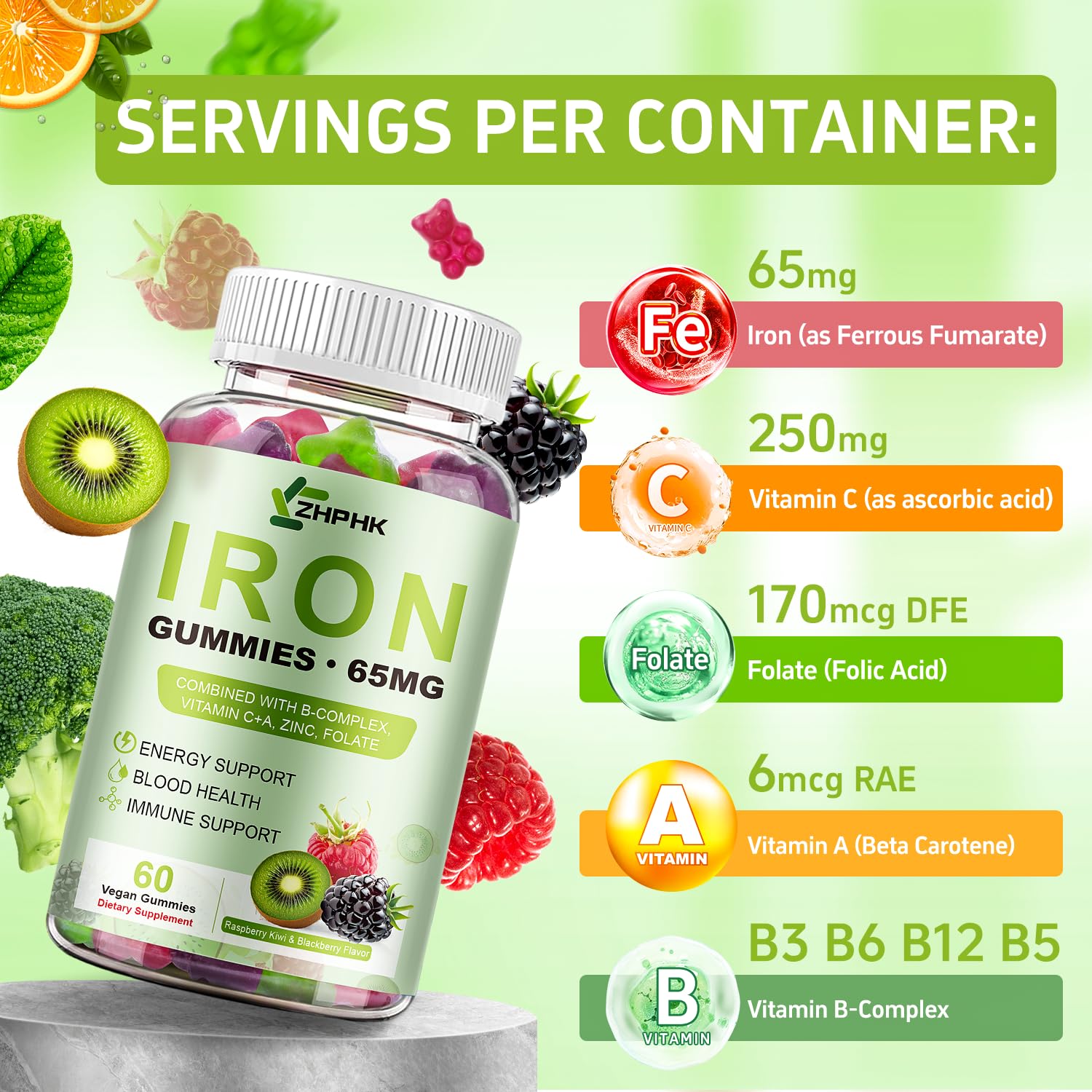 ZHPHK Iron Gummies showing serving size