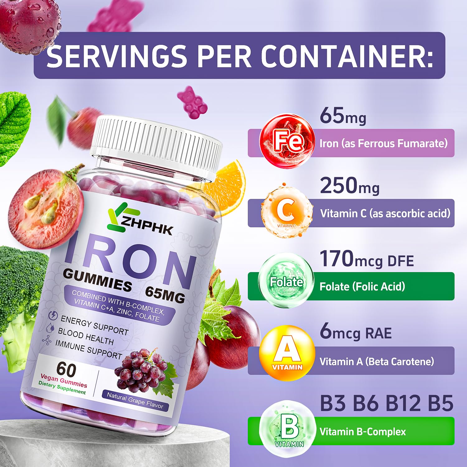 ZHPHK Iron Gummies showing serving size
