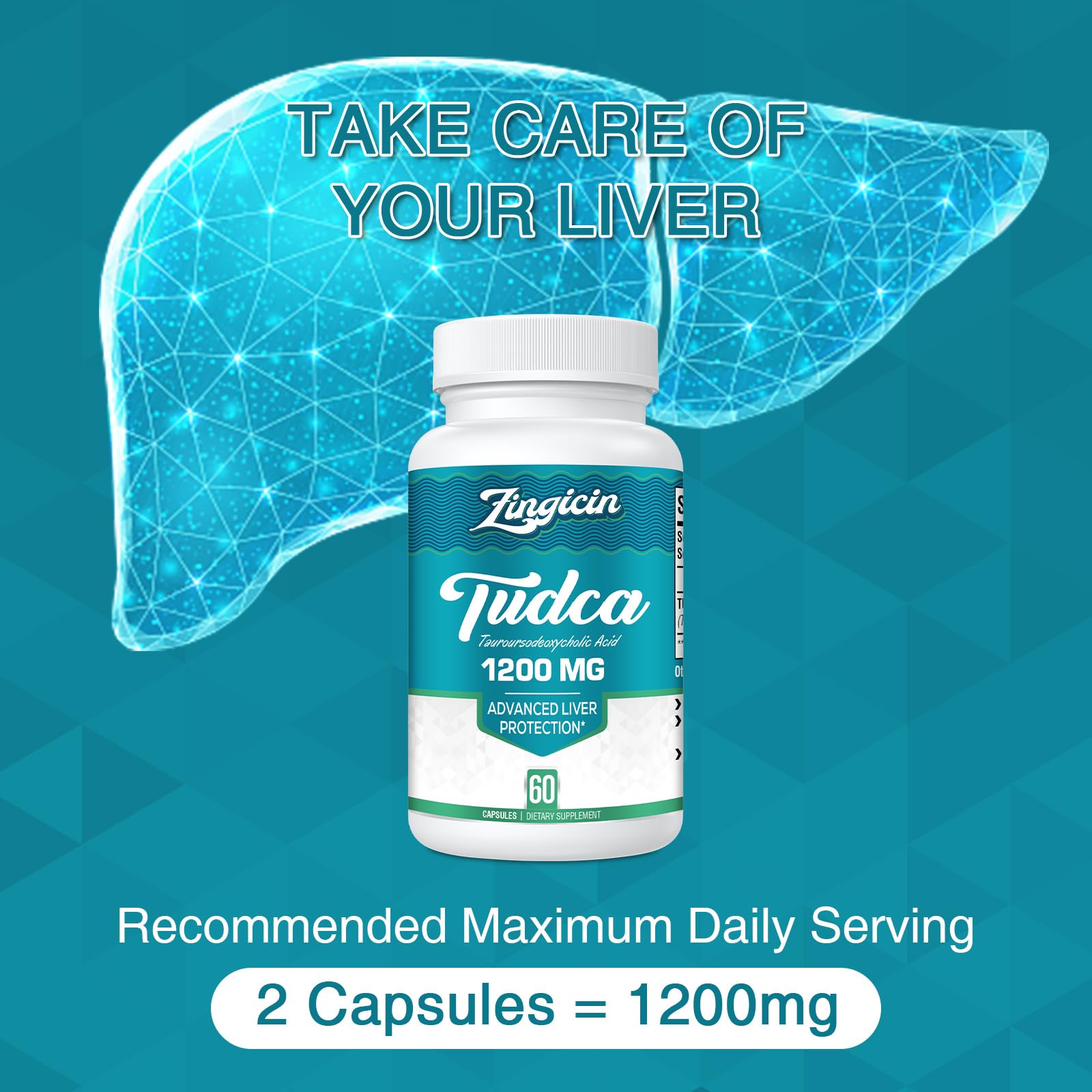 Zingicin TUDCA 1200mg supplement bottle with capsules on a table