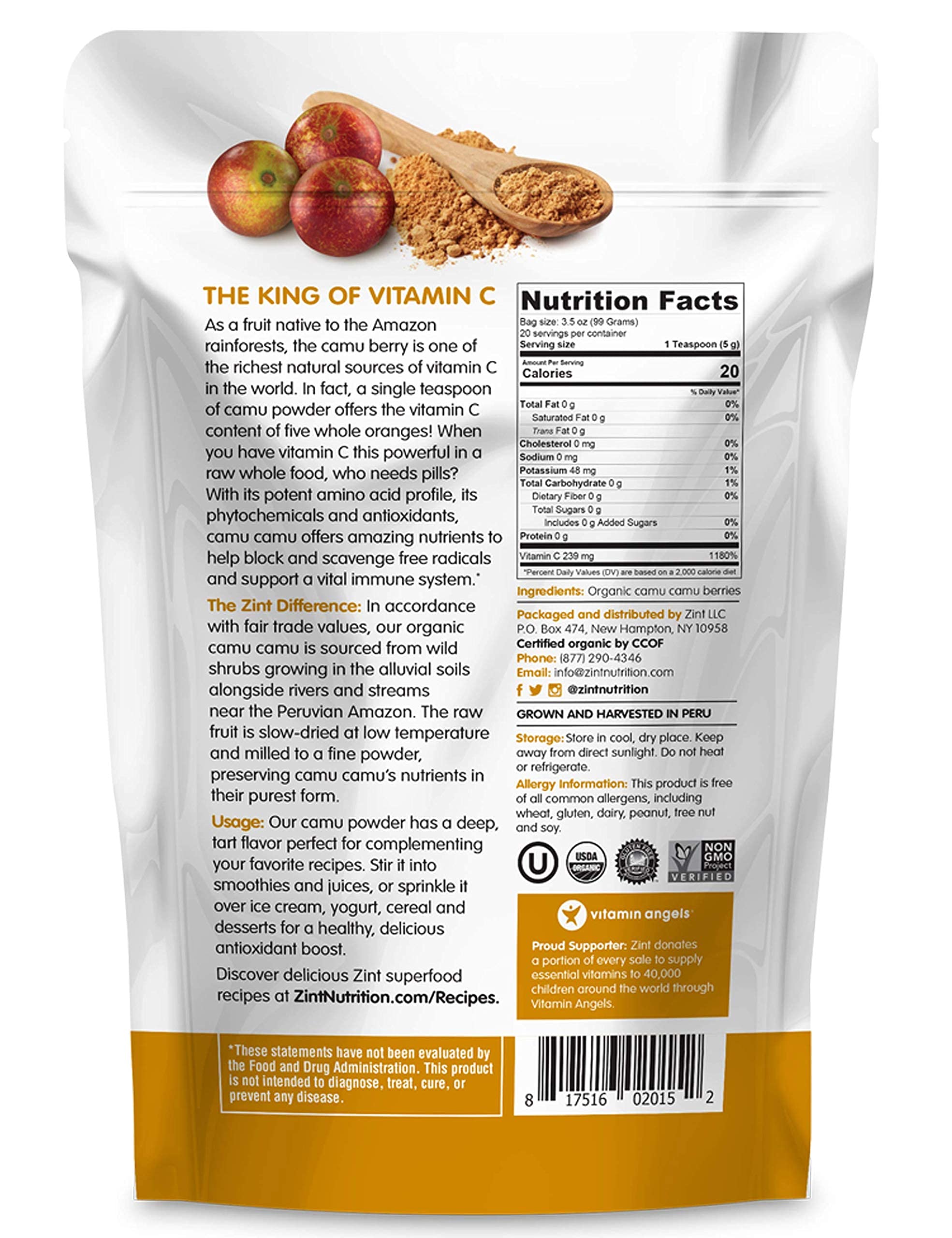 Zint Camu Camu Powder Organic 45g on a kitchen counter