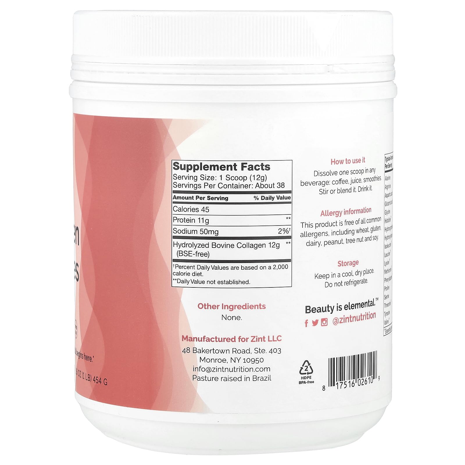Zint Collagen Powder 454g scoop showing powder texture