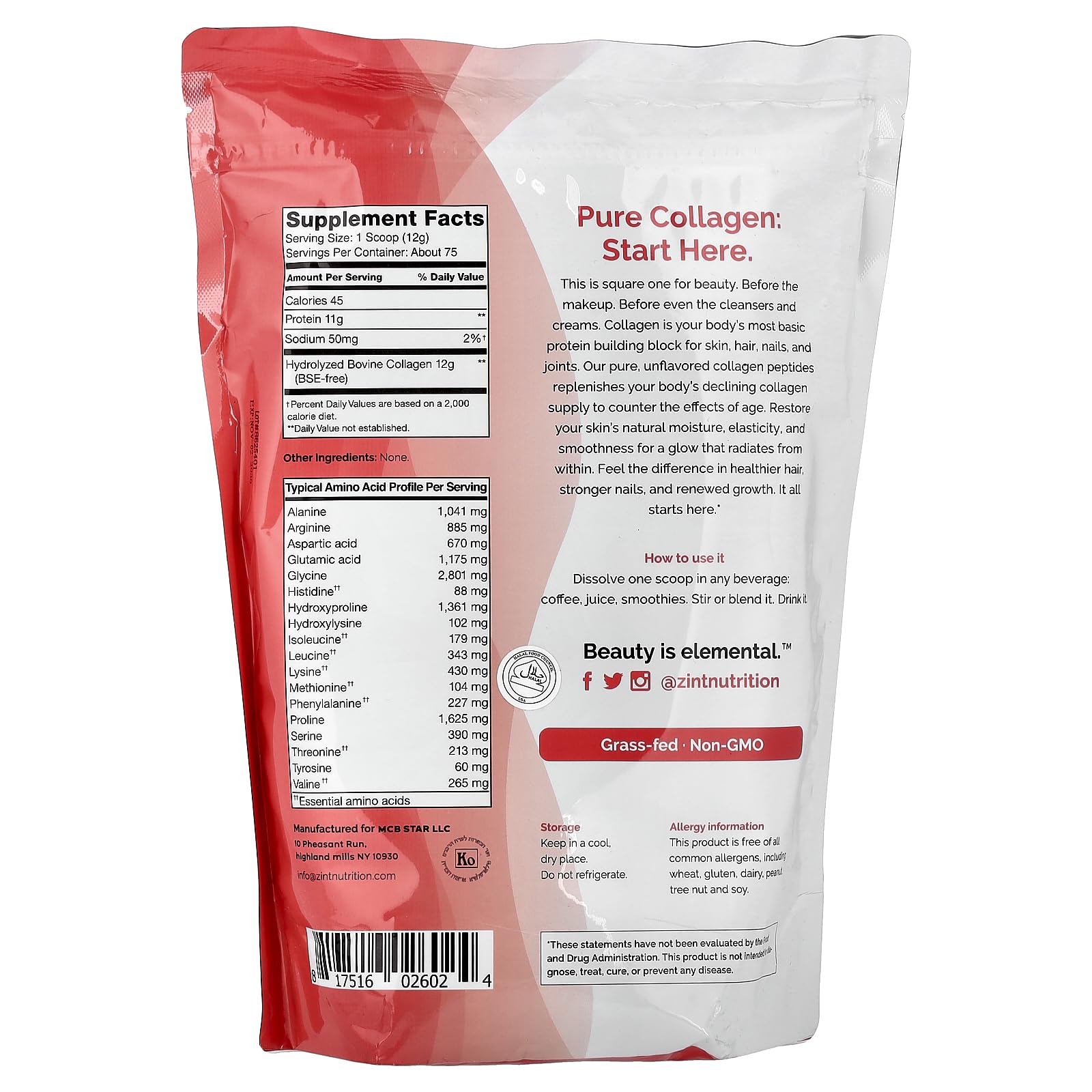 Zint Hydrolyzed Collagen Powder 907g side view showing granulated texture