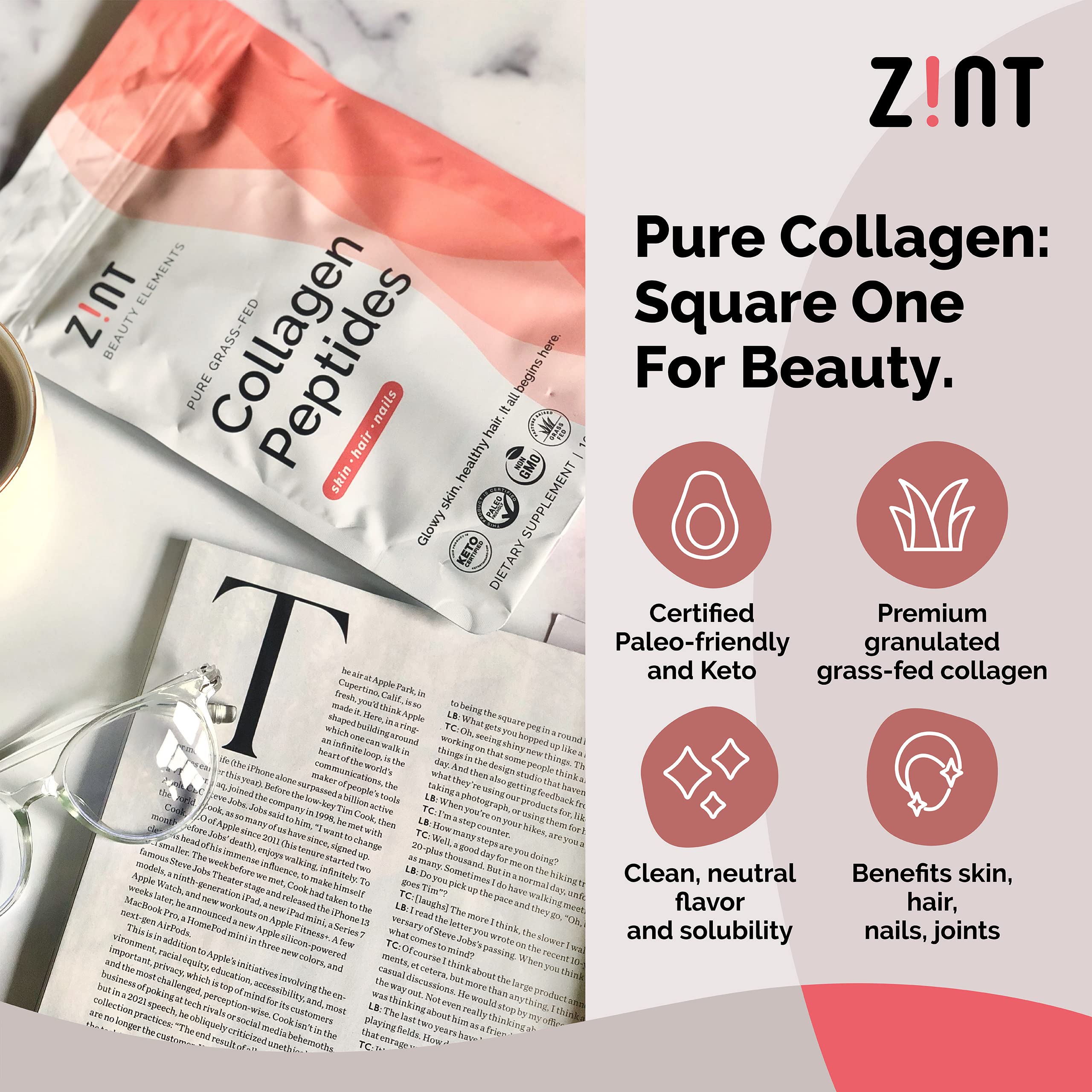 Zint Hydrolyzed Collagen Powder in a glass of water