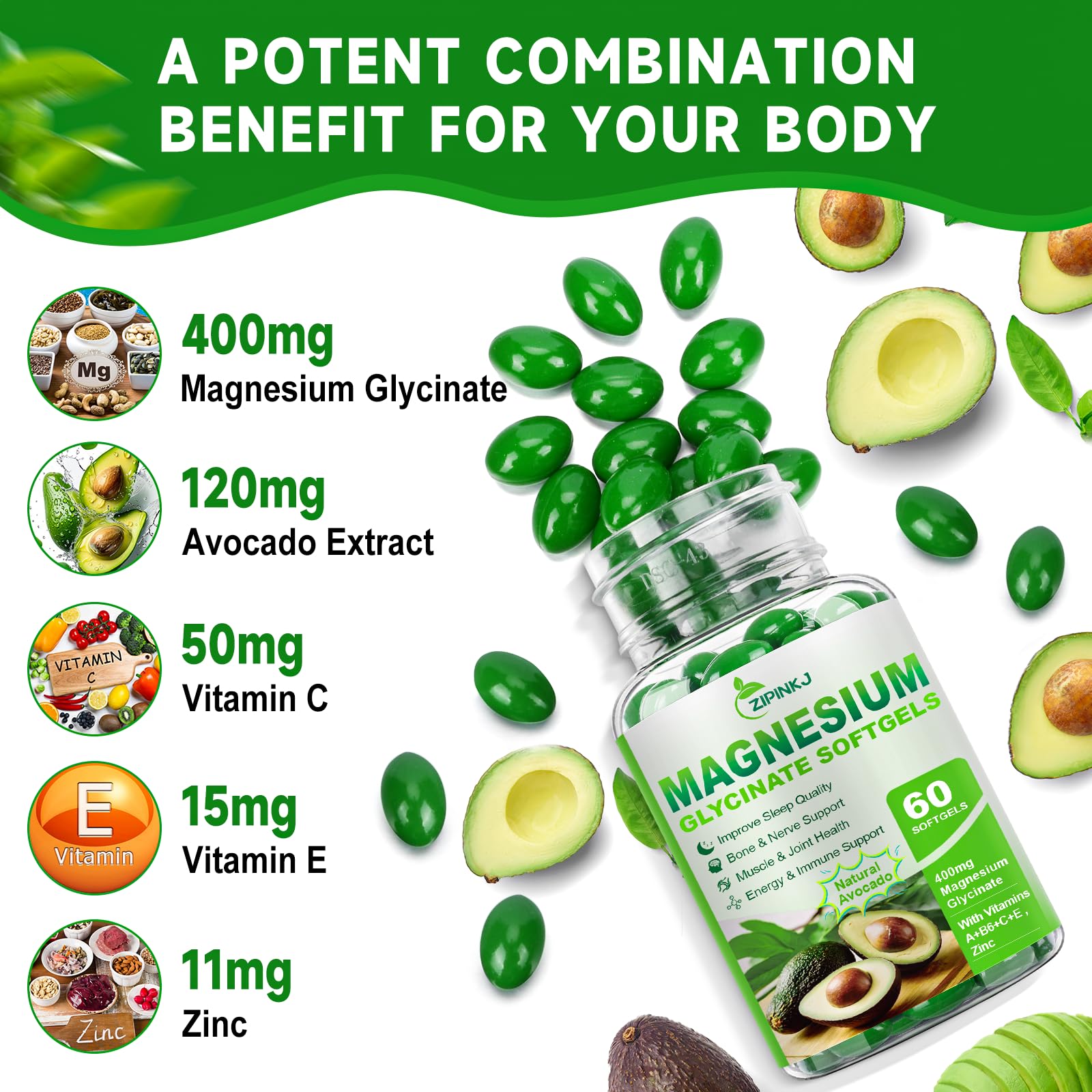 ZIPINKJ Magnesium Glycinate Softgels 400mg back view