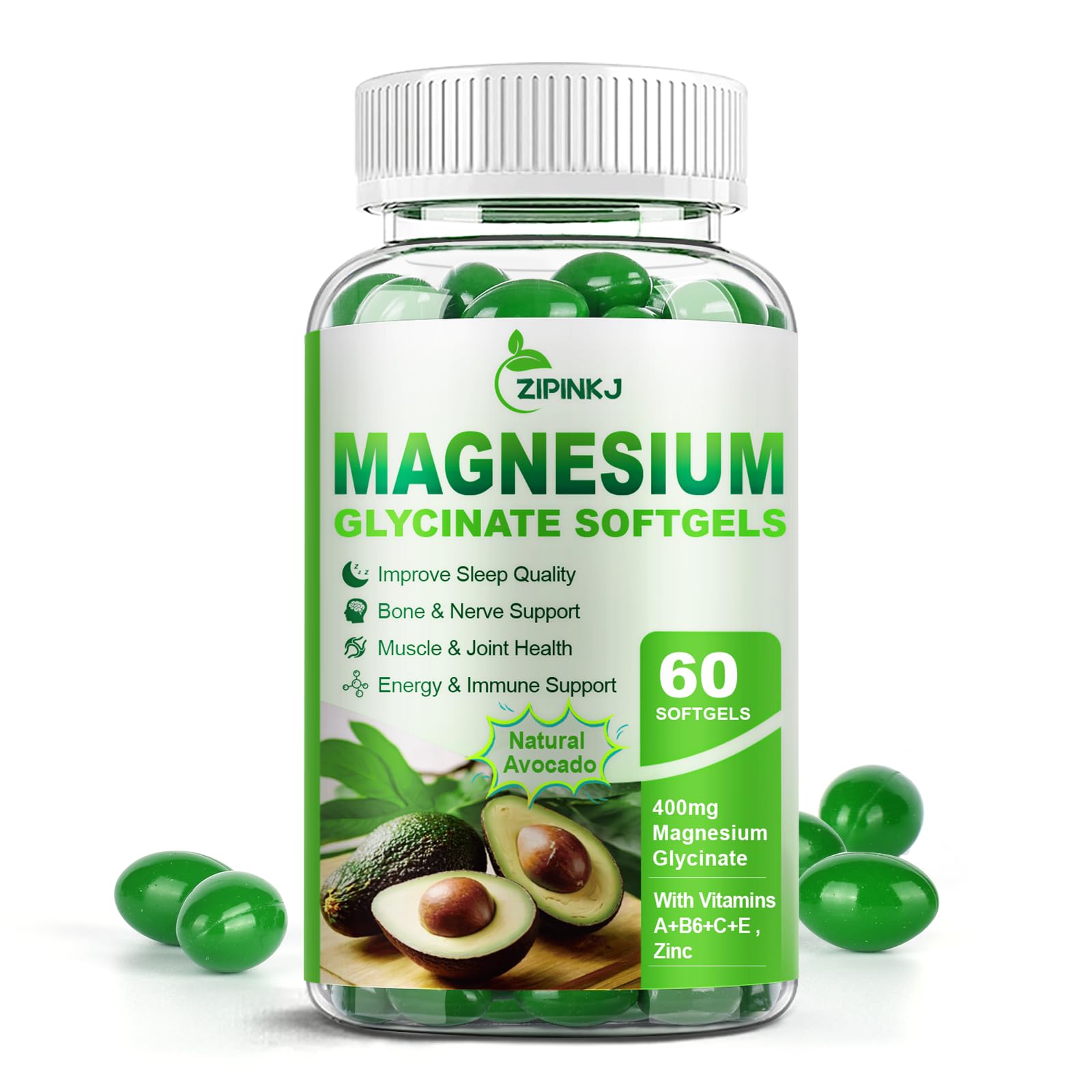 ZIPINKJ Magnesium Glycinate Softgels 400mg front view